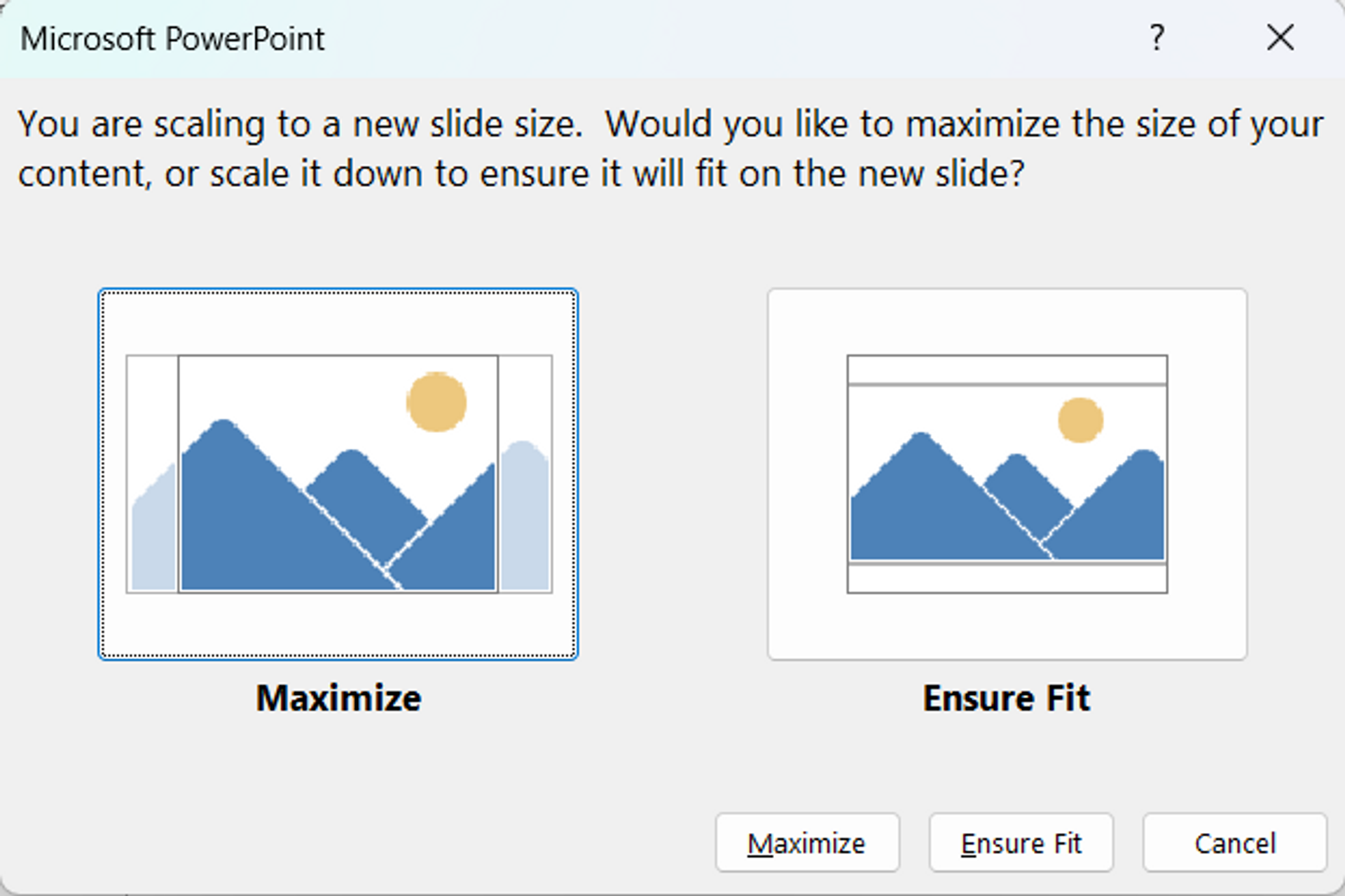 Confirming slide size adjustments in PowerPoint 