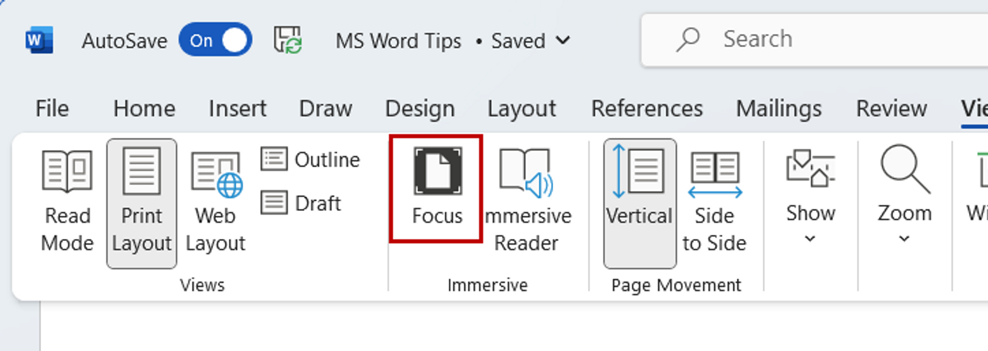 Accessing Focus mode in MS Word