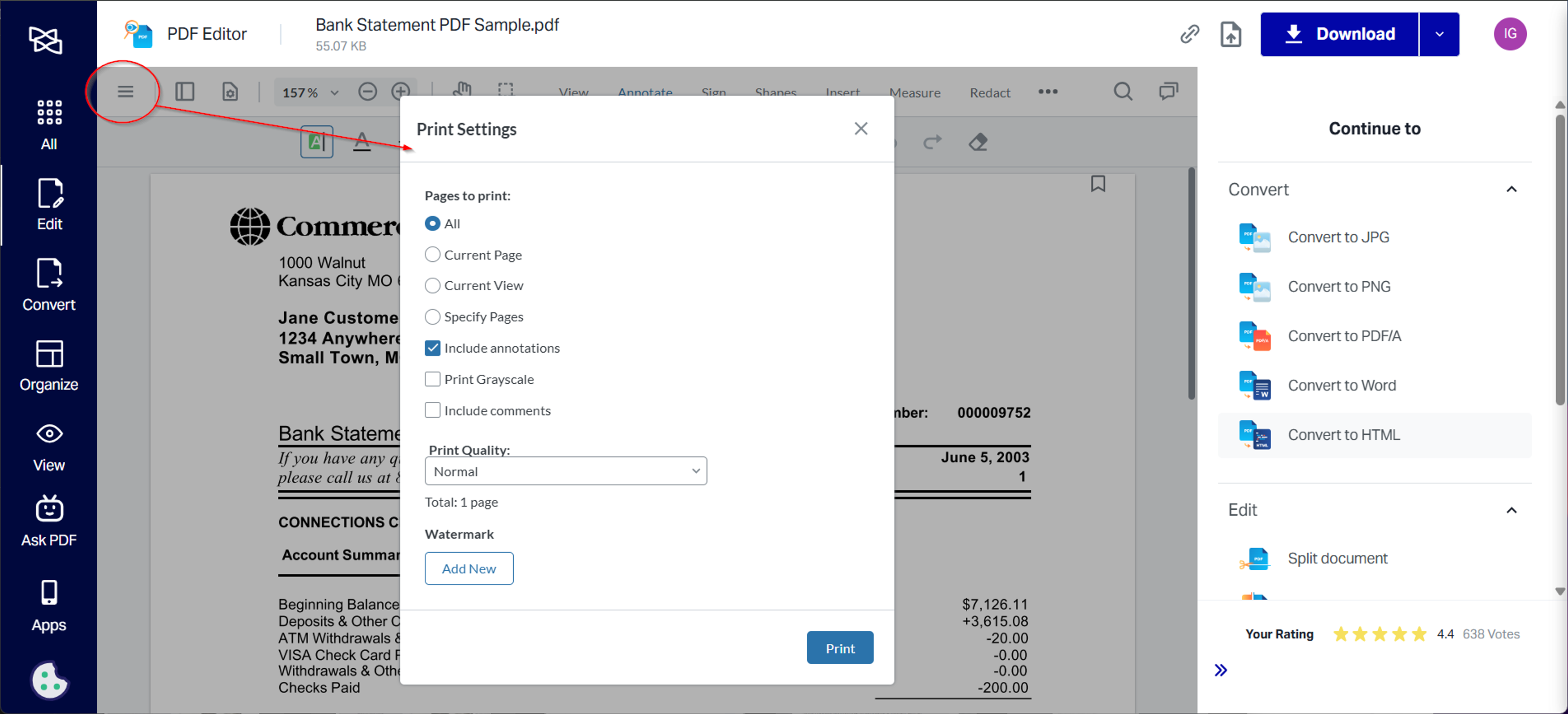 Printing a bank statement in PDF format online using Xodo Web 
