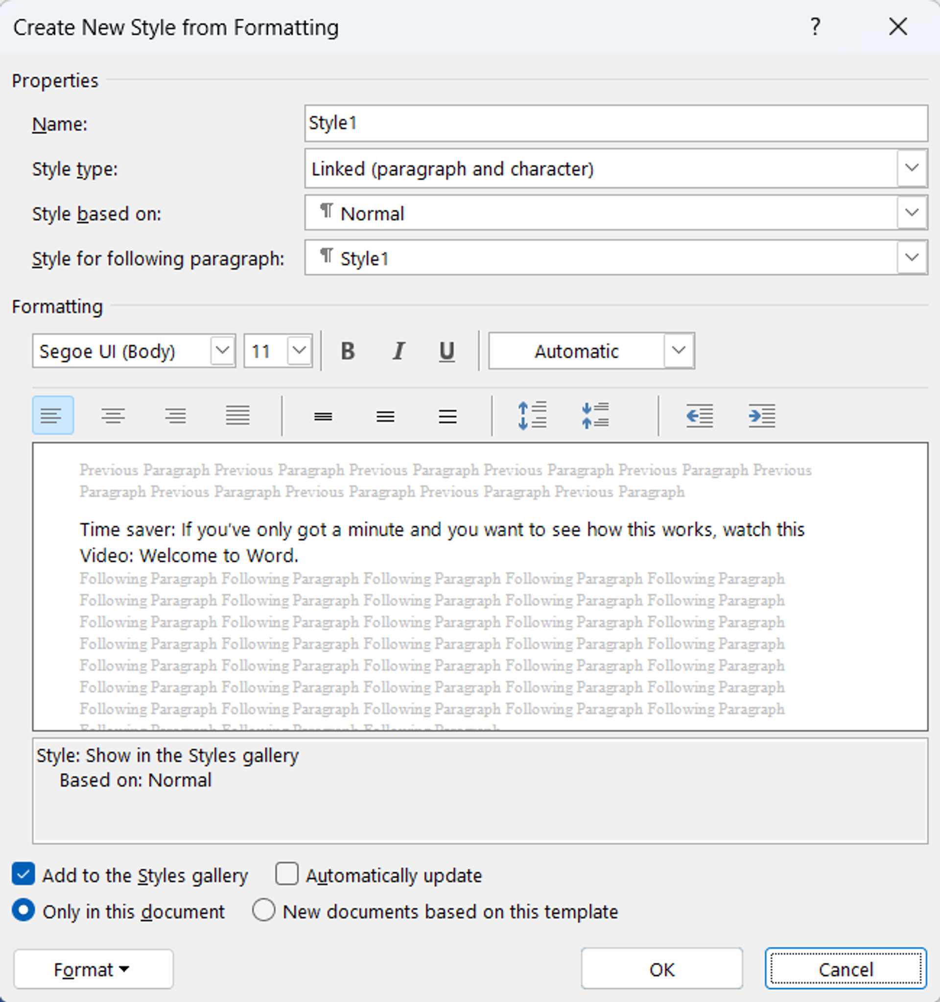 Options for creating a new style from formatting in MS Word 