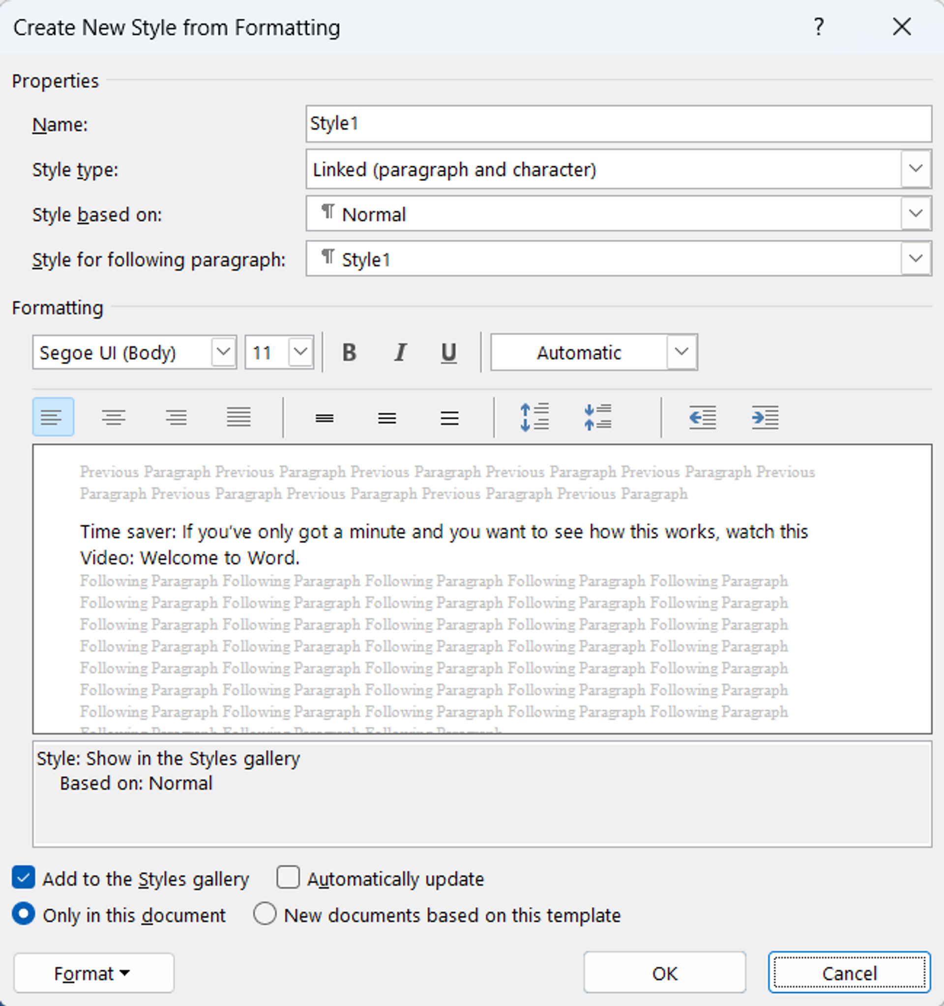 Options for creating a new style from formatting in MS Word 
