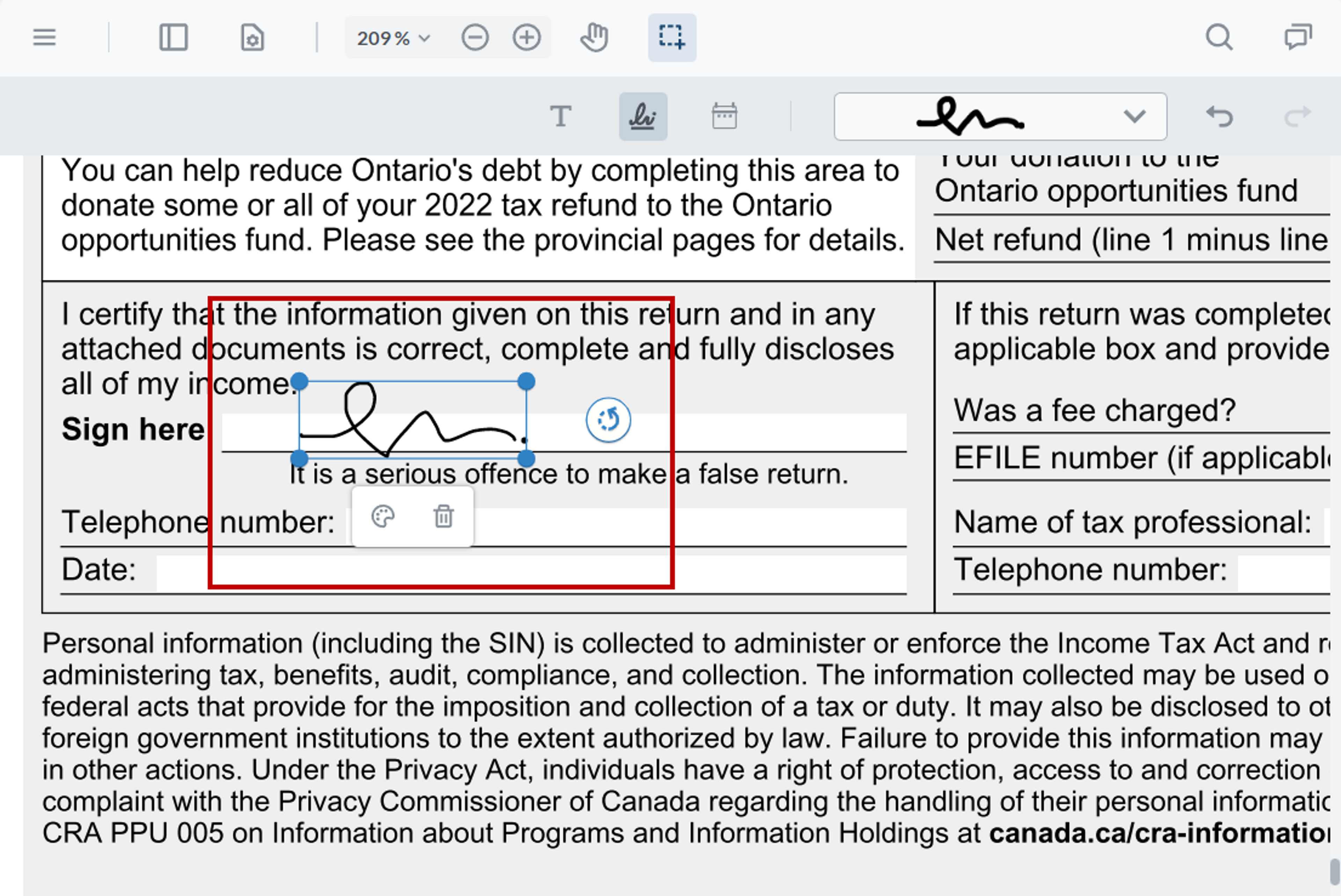 An electronic signature is added to a form with Xodo’s PDF signing tool