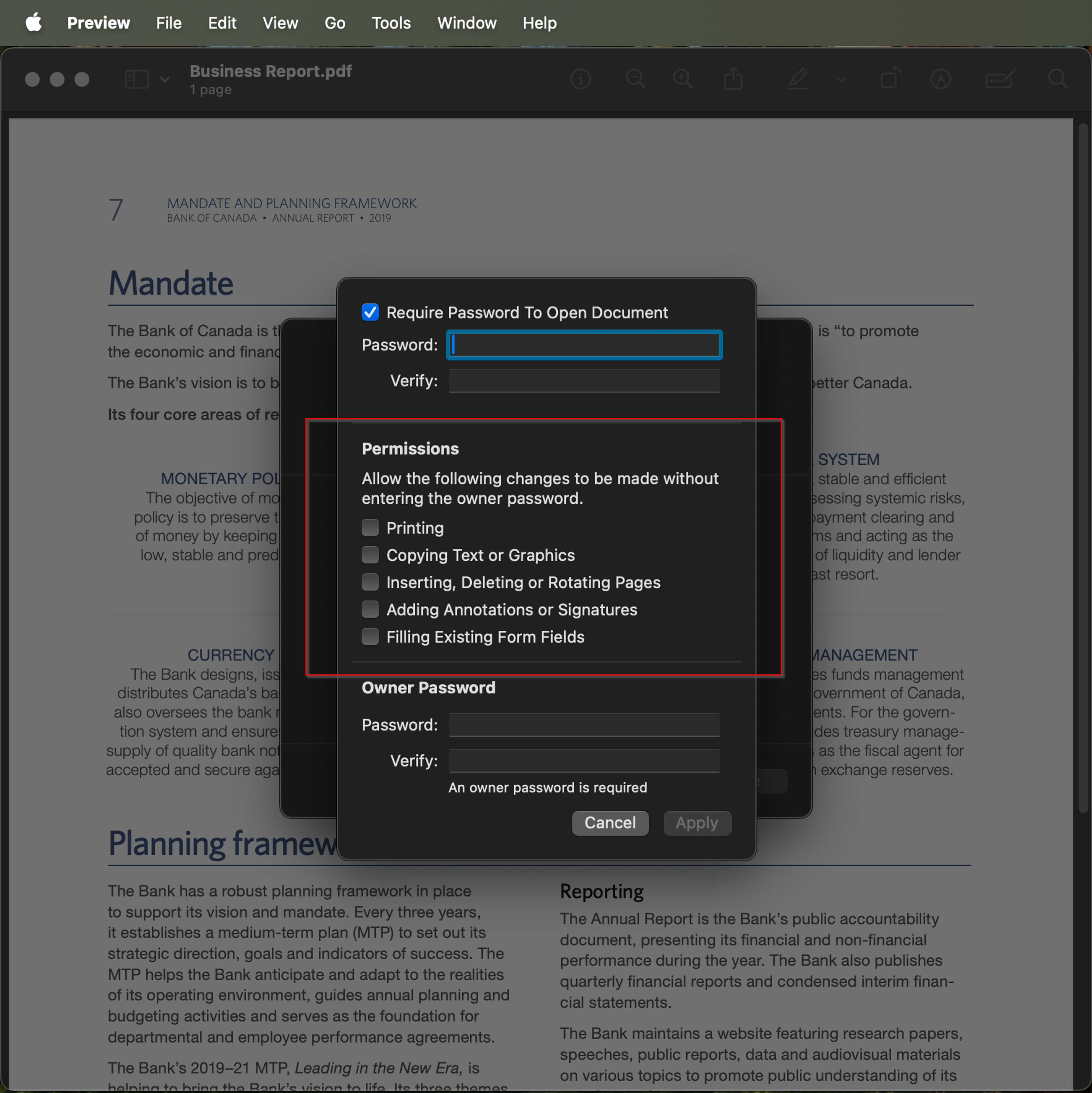 Settings to restrict copying or printing in Preview on Mac