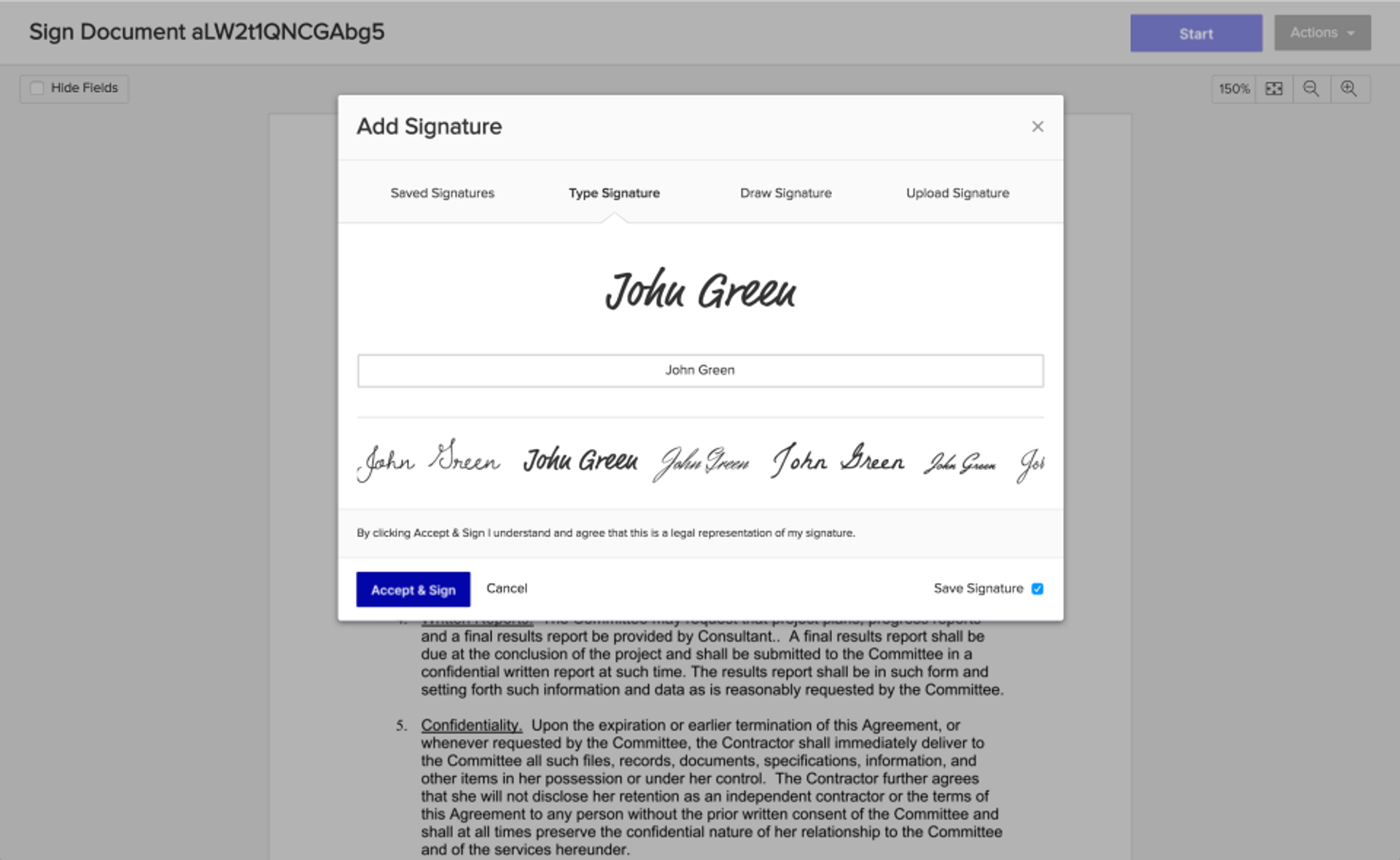 Create and add electronic signature on contract documents