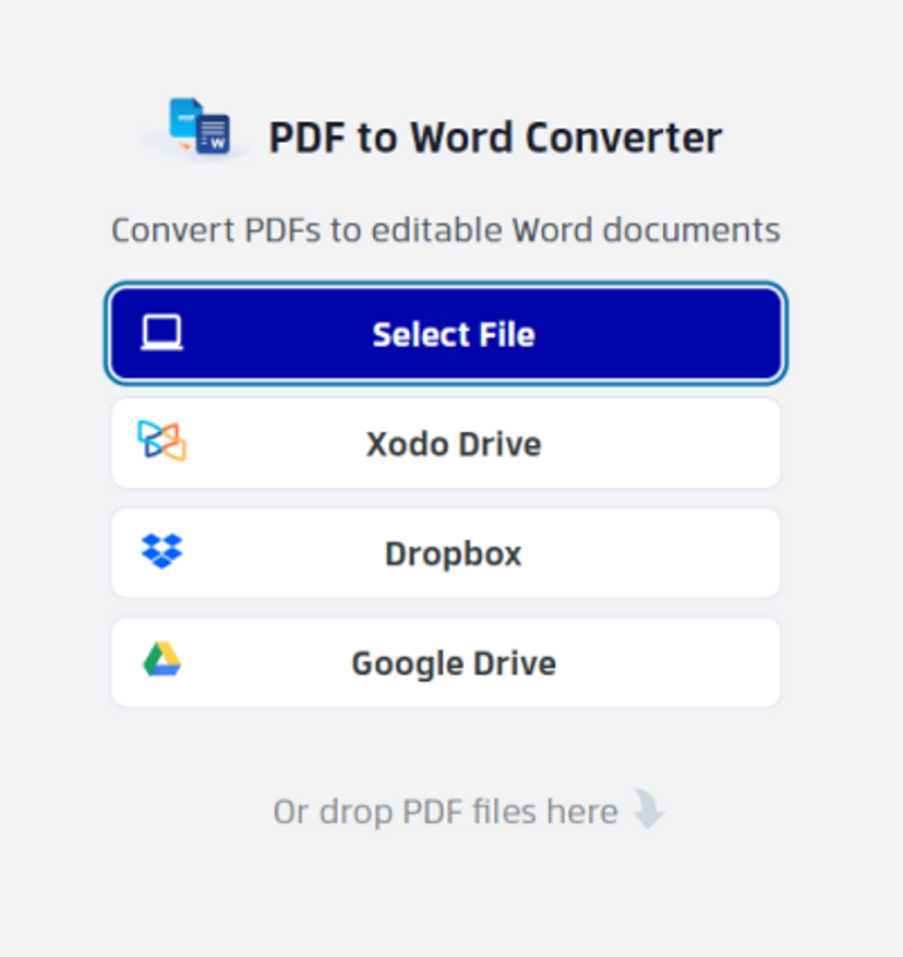 File upload options for Xodo PDF to Word Converter 