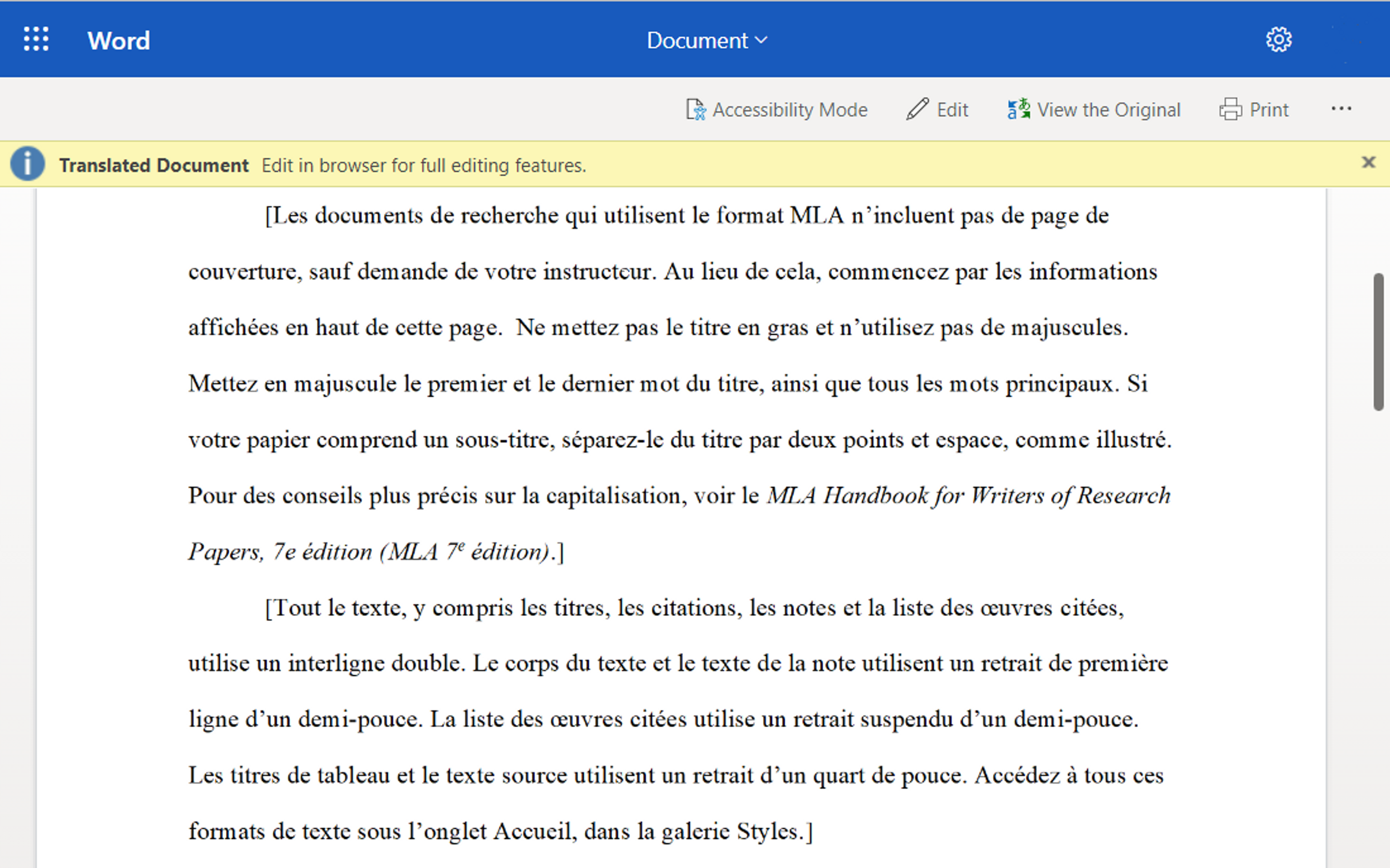 English text translated to French in MS Word online