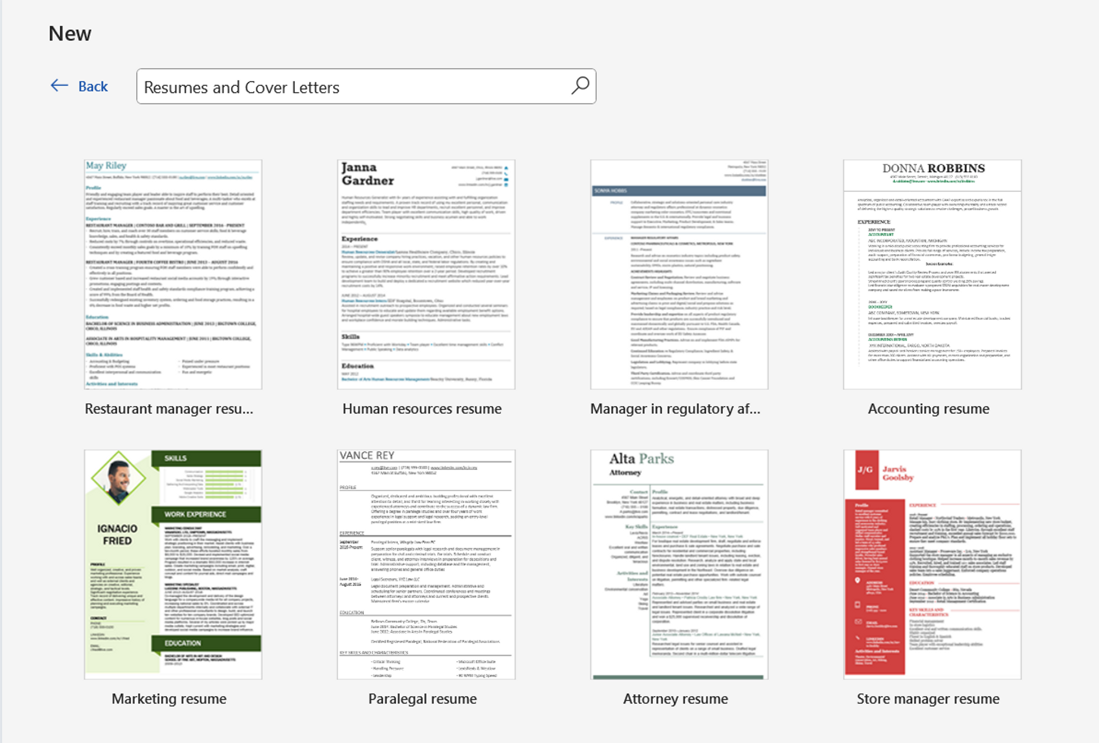 A preview of job specific resume templates in MS Word 