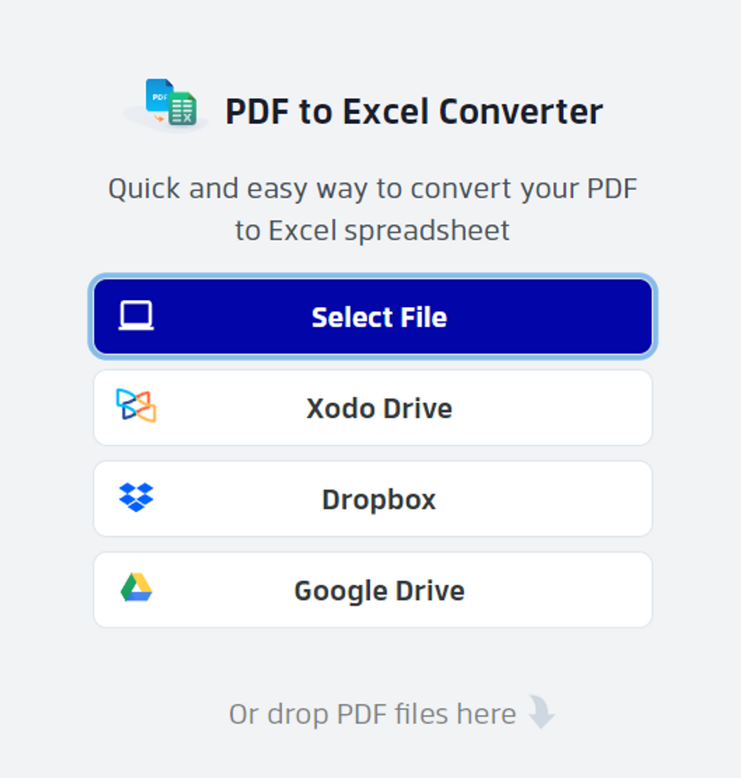 File upload options for Xodo’s online PDF to Excel converter