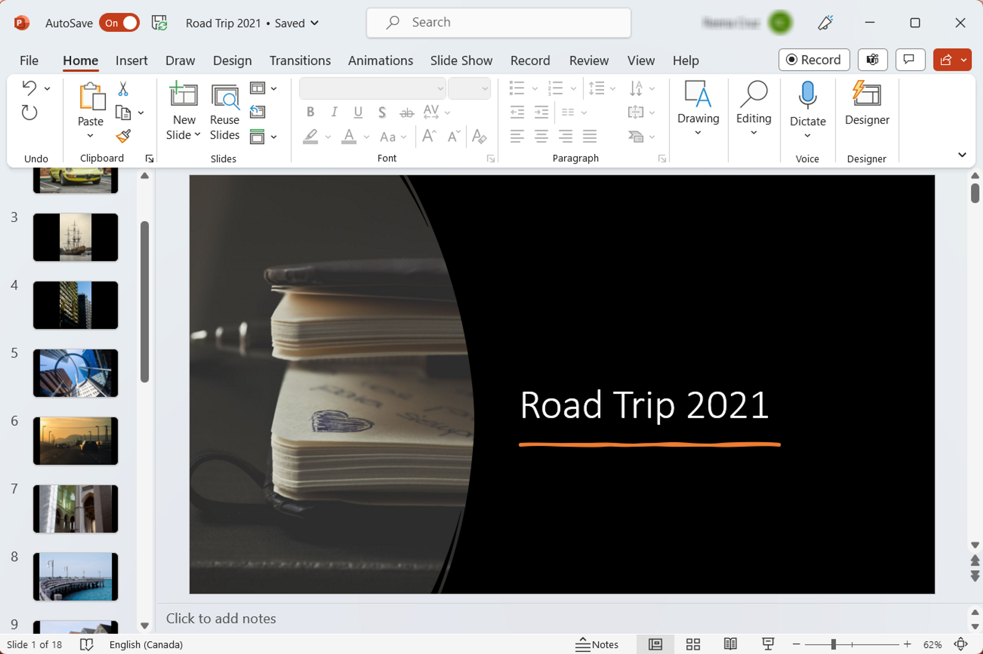 A photo album being created in MS PowerPoint