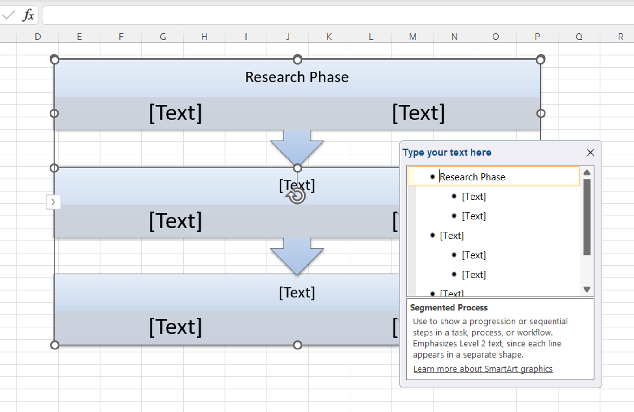 Text being filled in for a SmartArt flow chart in Excel