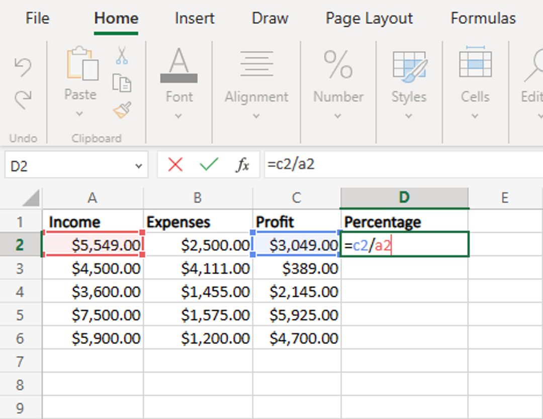 Entering the Excel formula for calculating percentages
