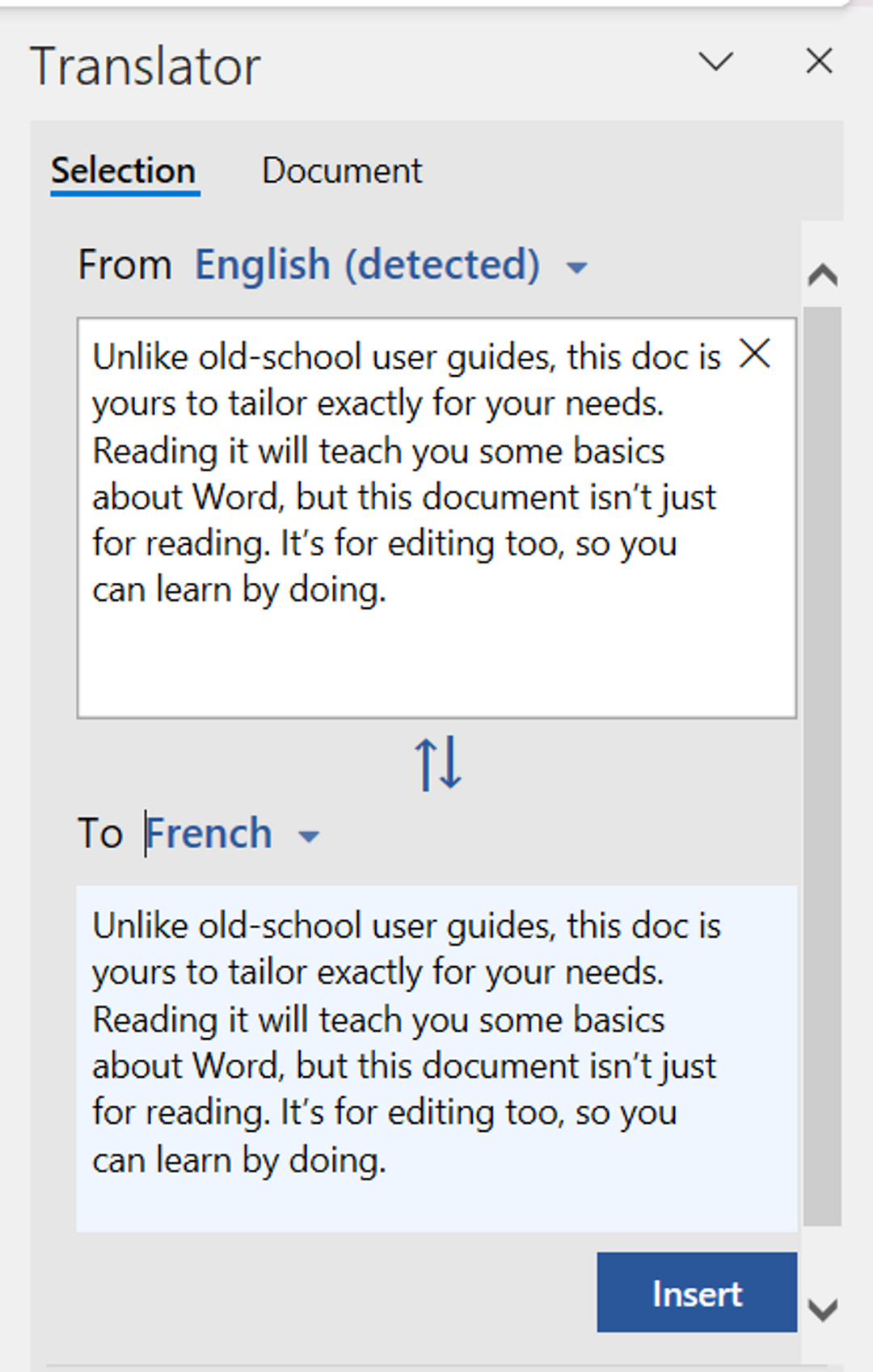 Translating a section of text in the MS Word desktop app