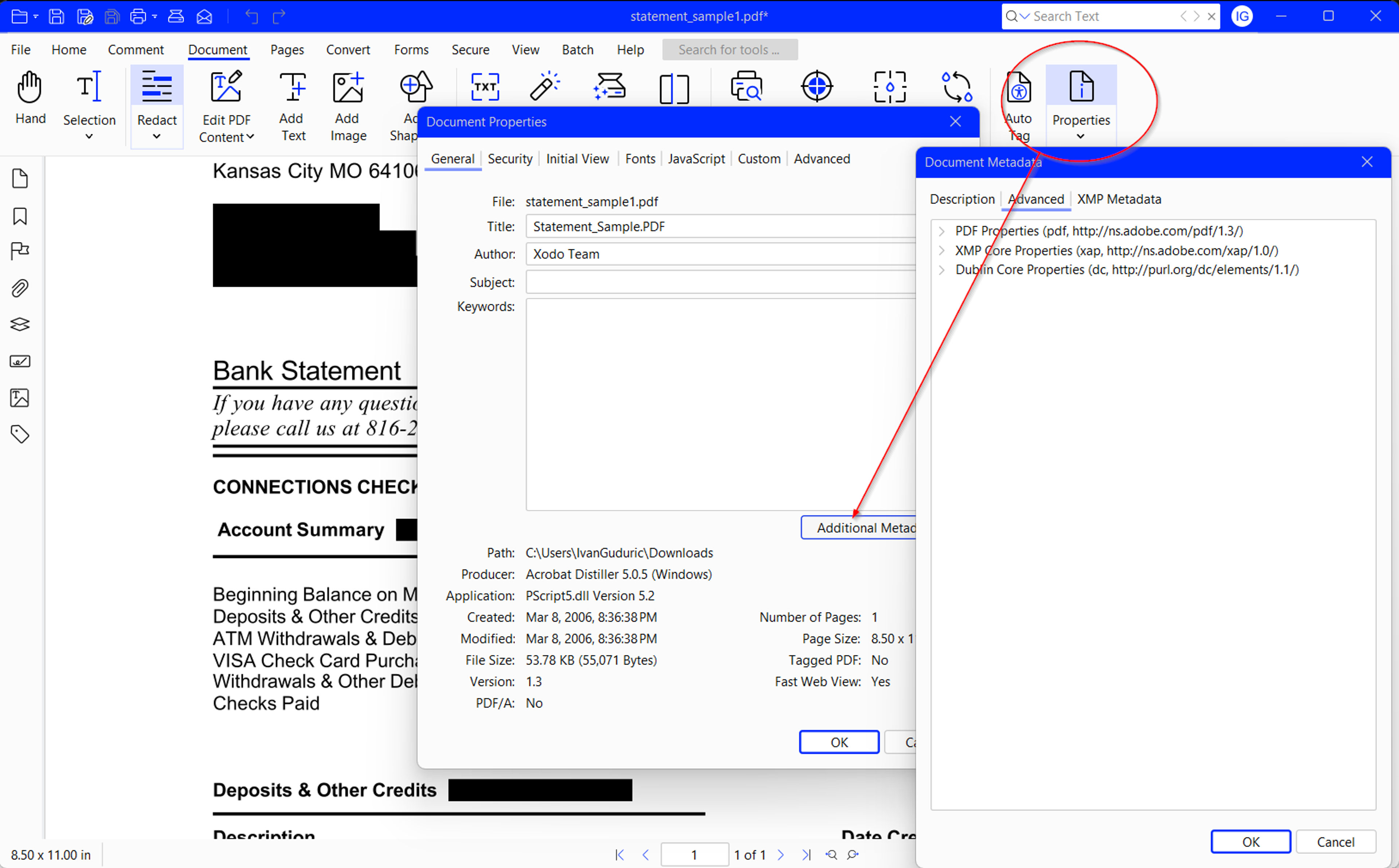 Steps to remove meta data from PDF bank statement using Xodo PDF Studio