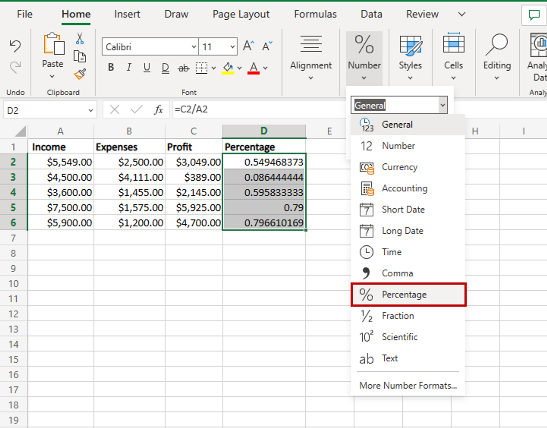 Reformatting the percentage data in MS Excel 