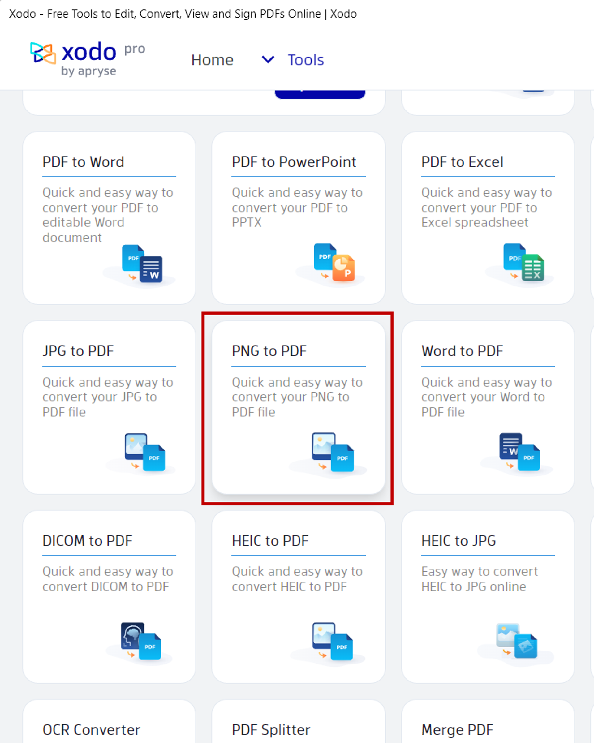 Xodo PNG to PDF converter option in Windows 11 app
