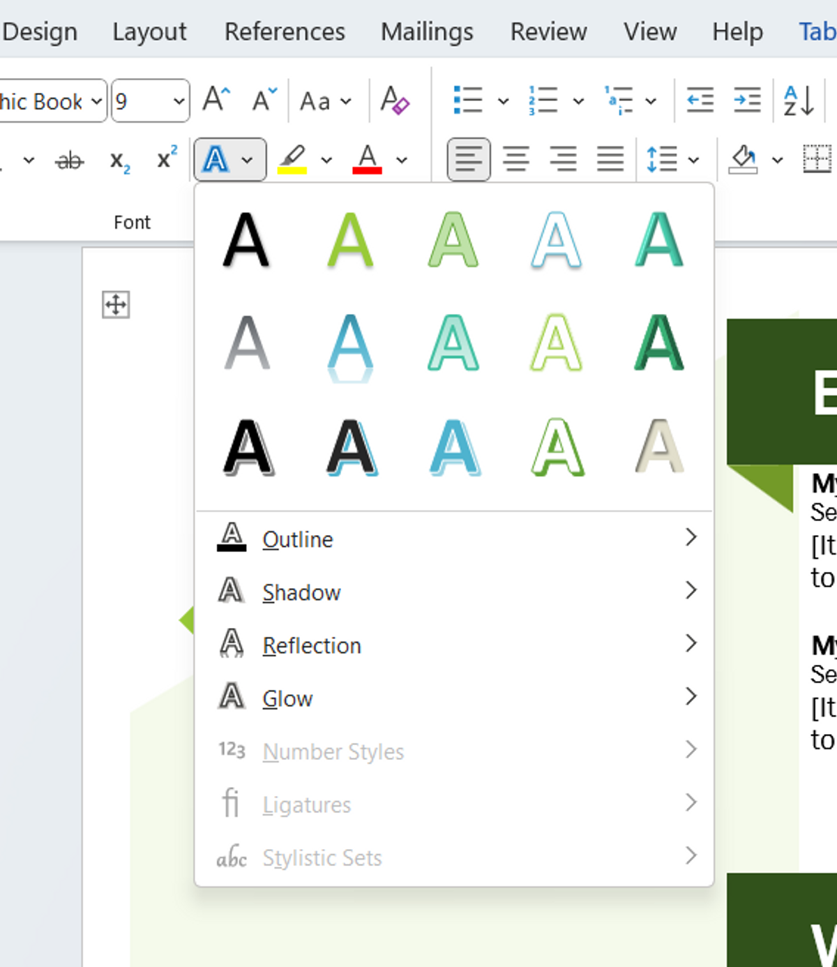 Text effects options in MS Word