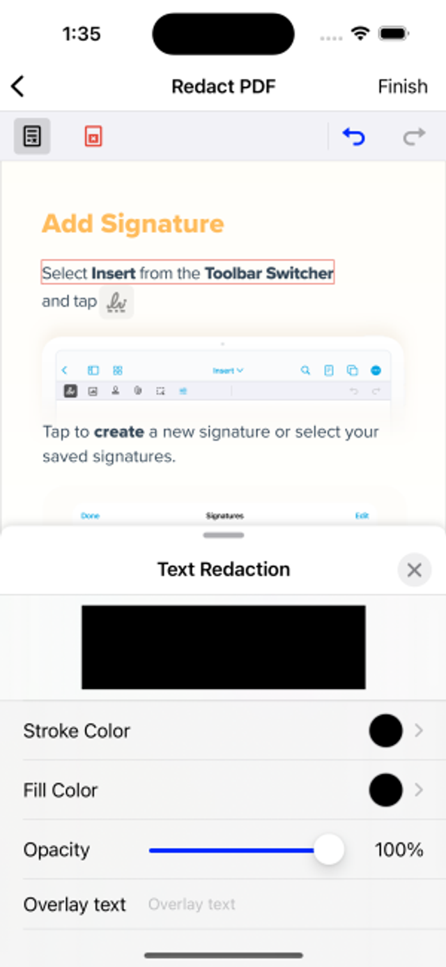 Using Xodo app for iOS to redact PDF data