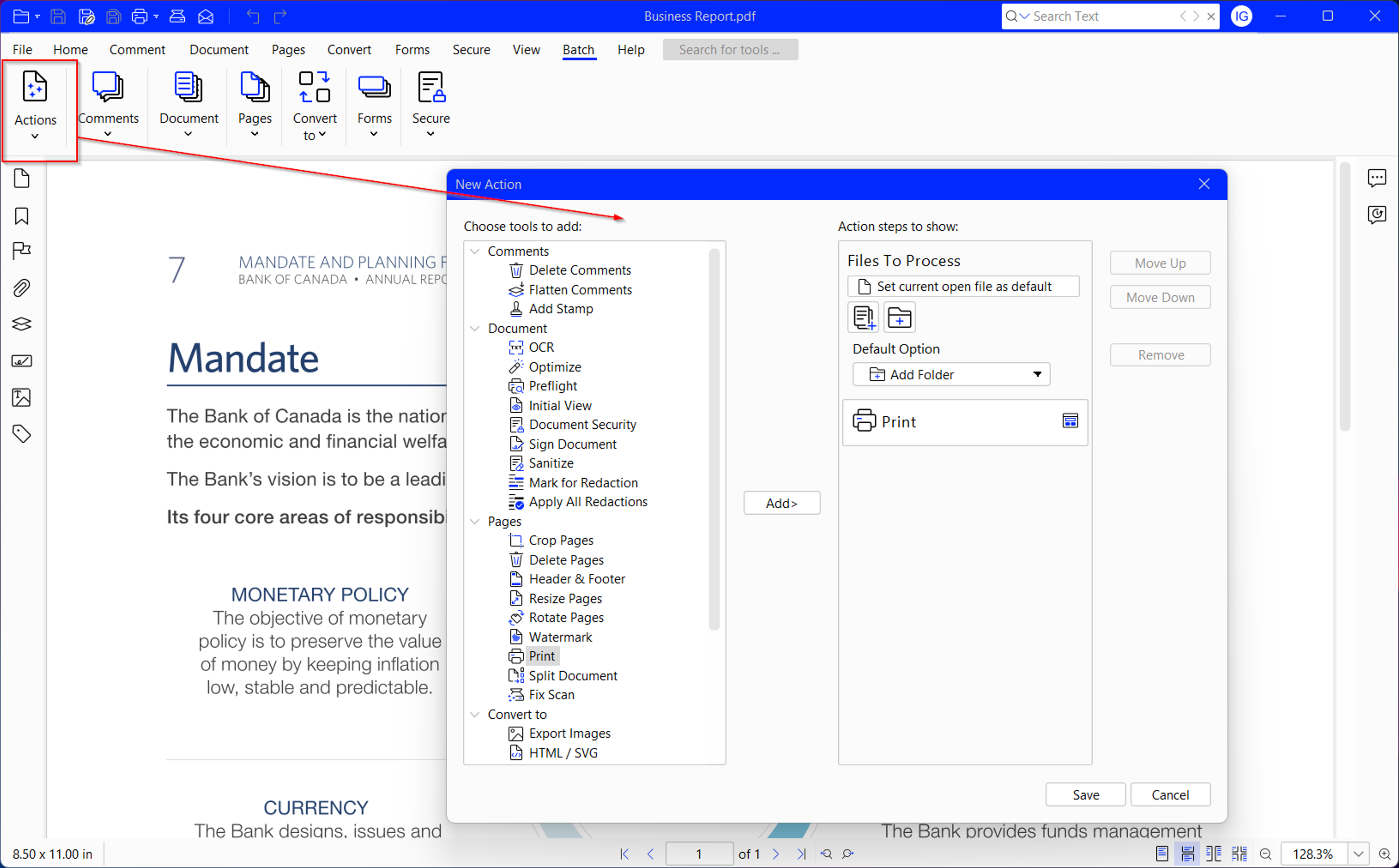 Batch action option for black and white file printing in Xodo PDF Studio