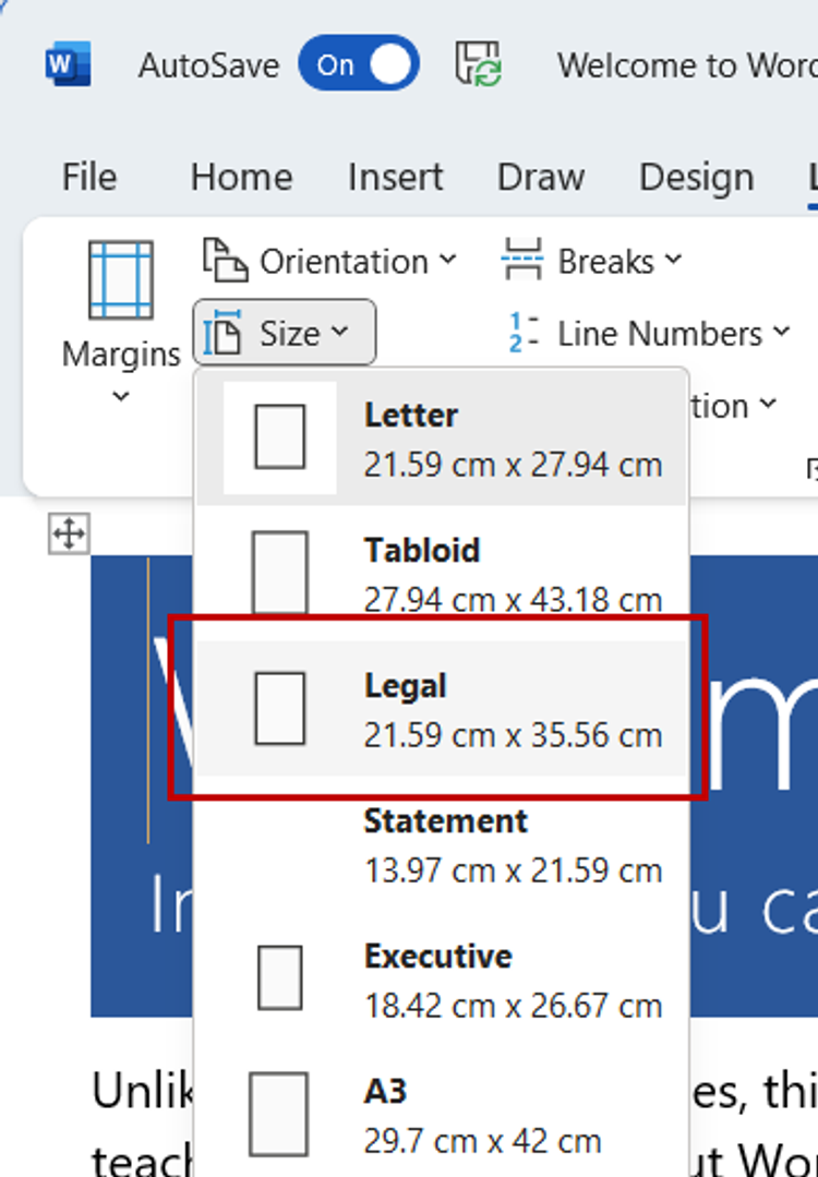 Selecting legal paper size option in MS Word 