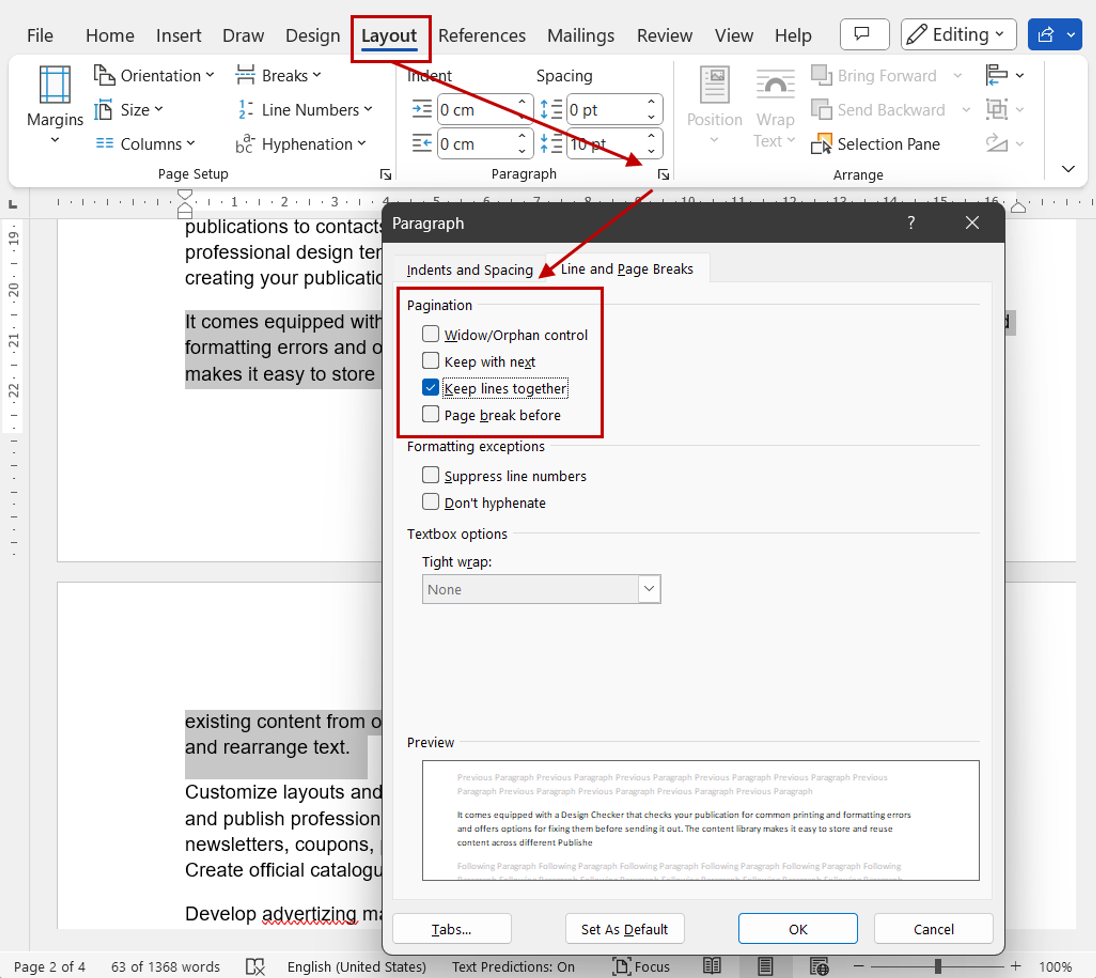 Adjusting automatic page breaks in Word 