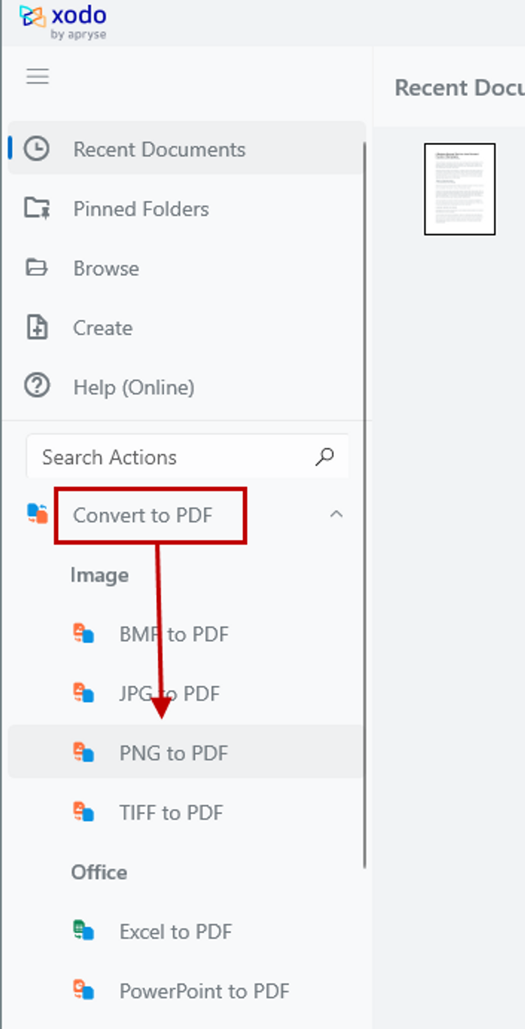 Xodo PNG to PDF conversion option in Windows 10 app