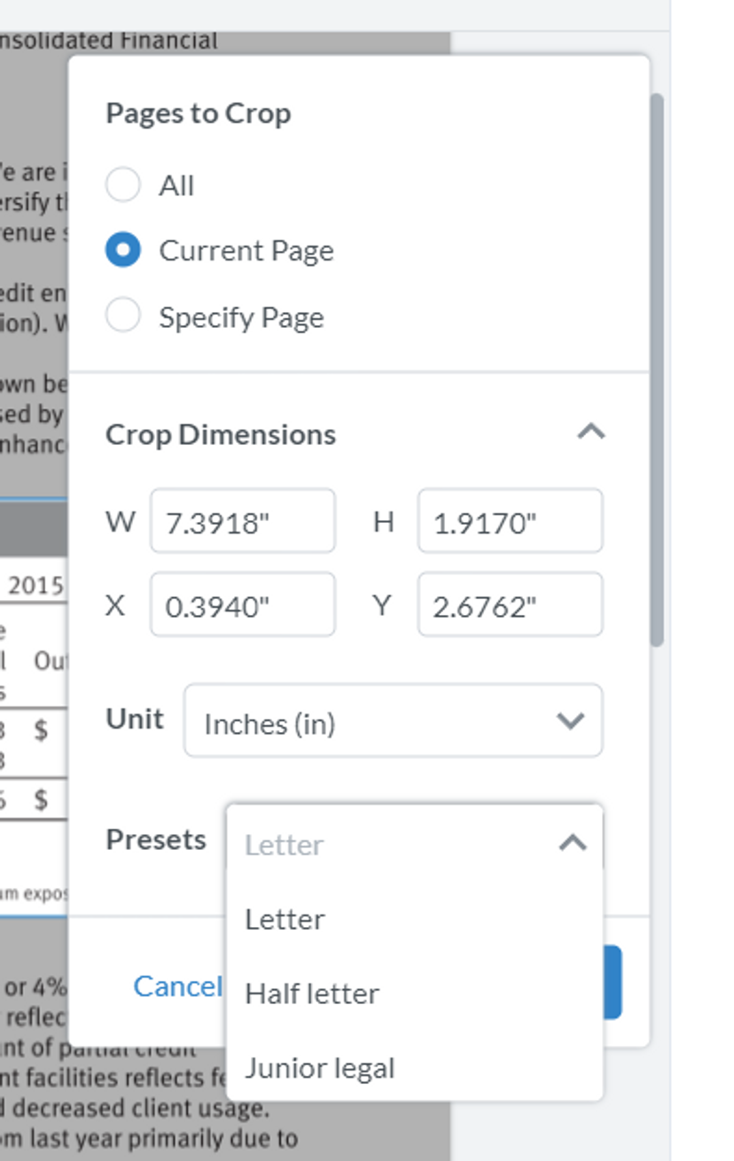 Cropping options in Xodo’s online Crop PDF tool