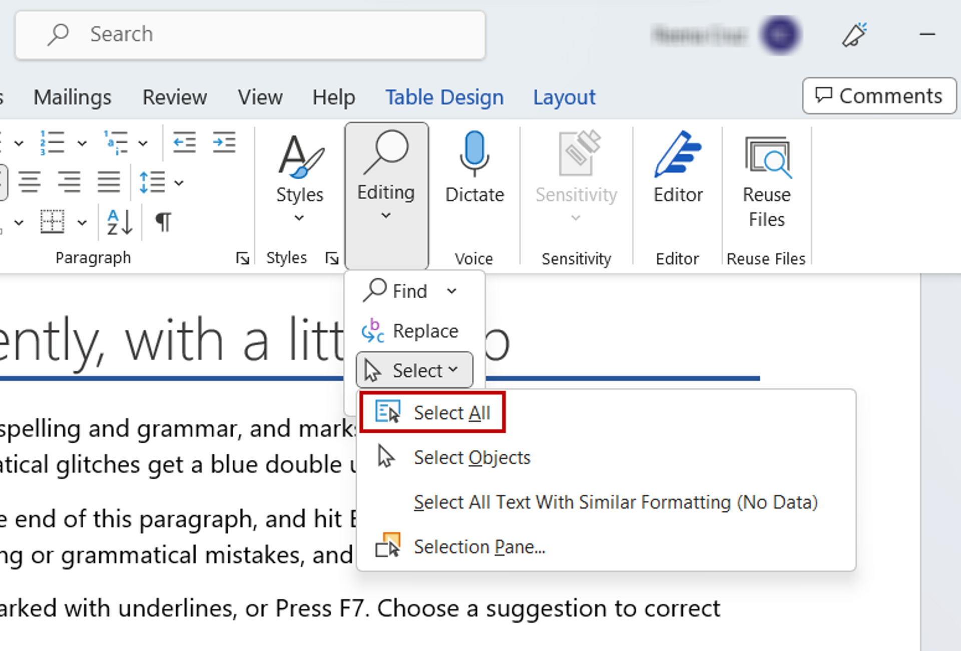 Accessing the Select All editing option in MS Word 