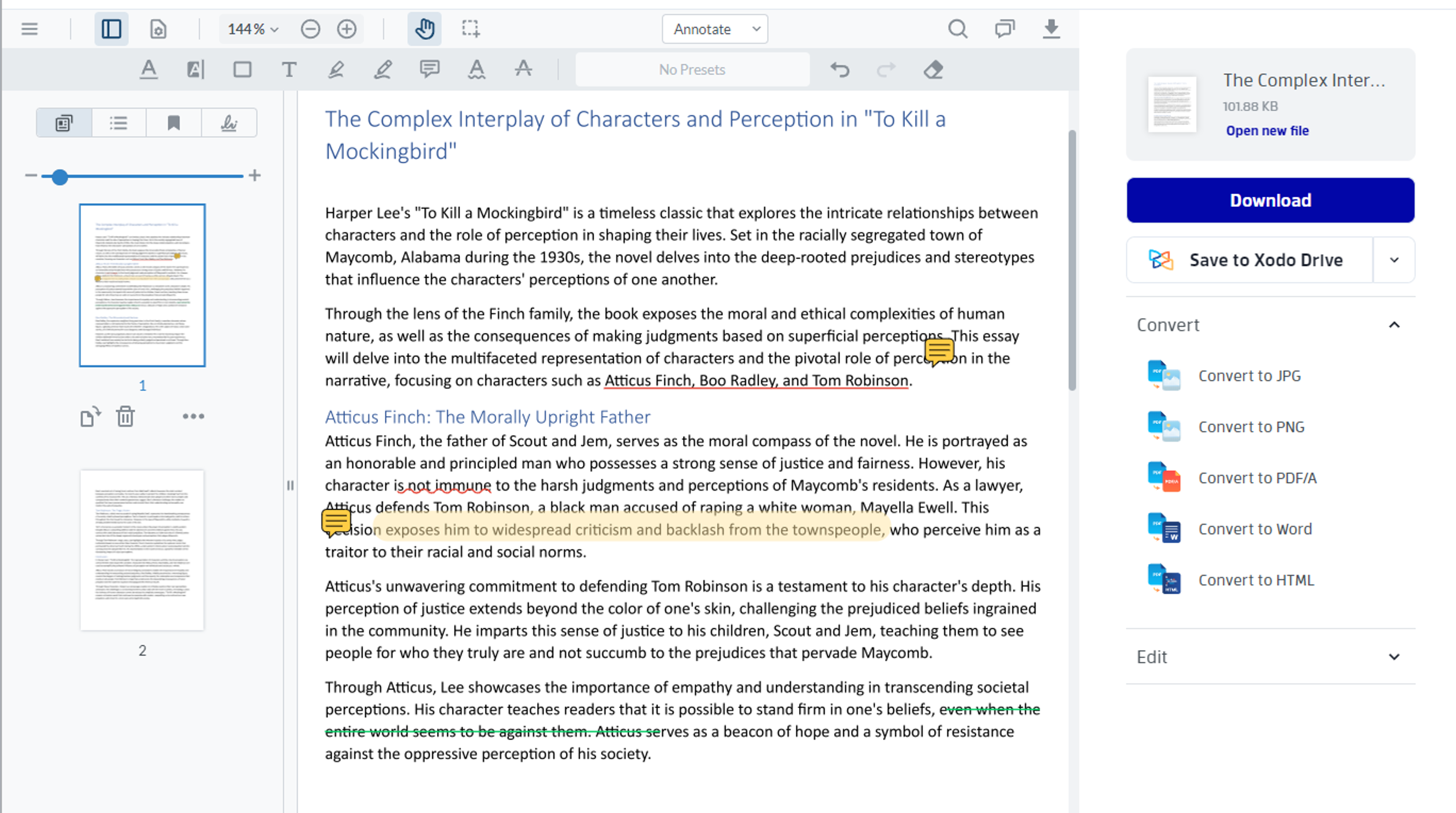 Annotating and marking a student essay with Xodo