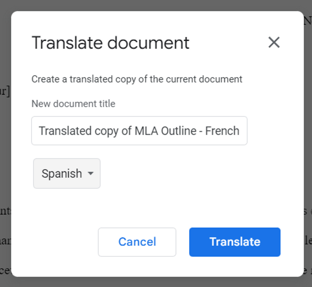Selecting the Spanish translation language output in Google Docs
