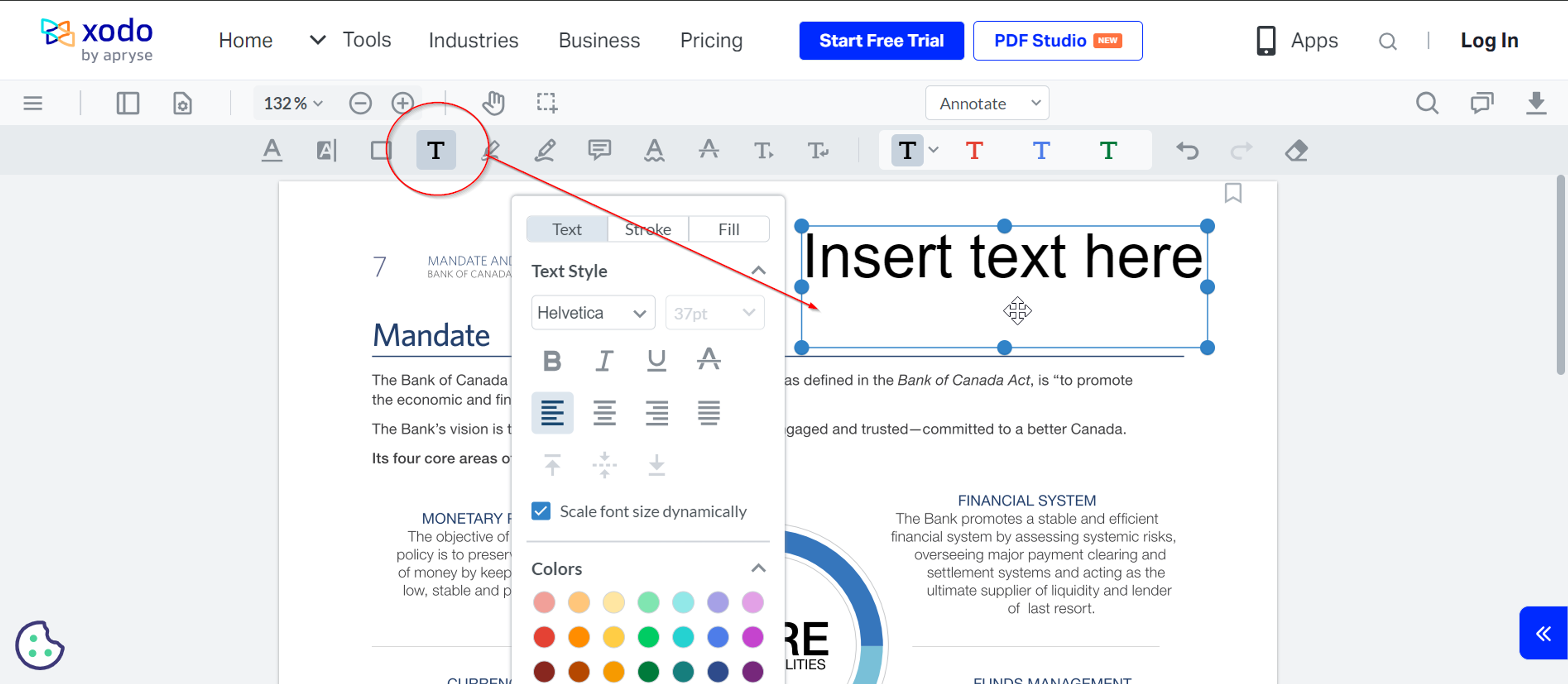 Using Xodo's online PDF editor to add text to a PDF