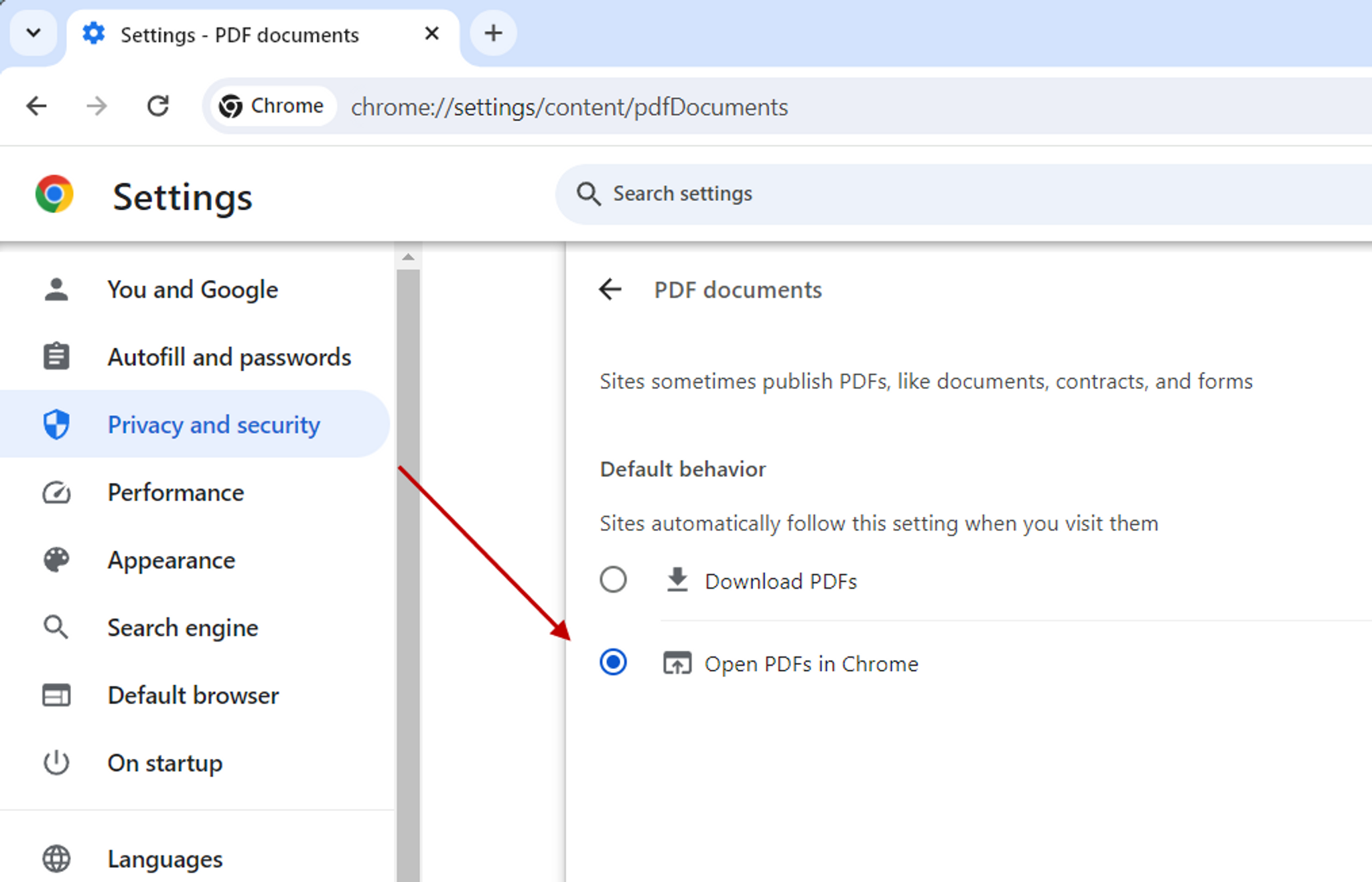 Chrome settings for opening PDFs in Chrome