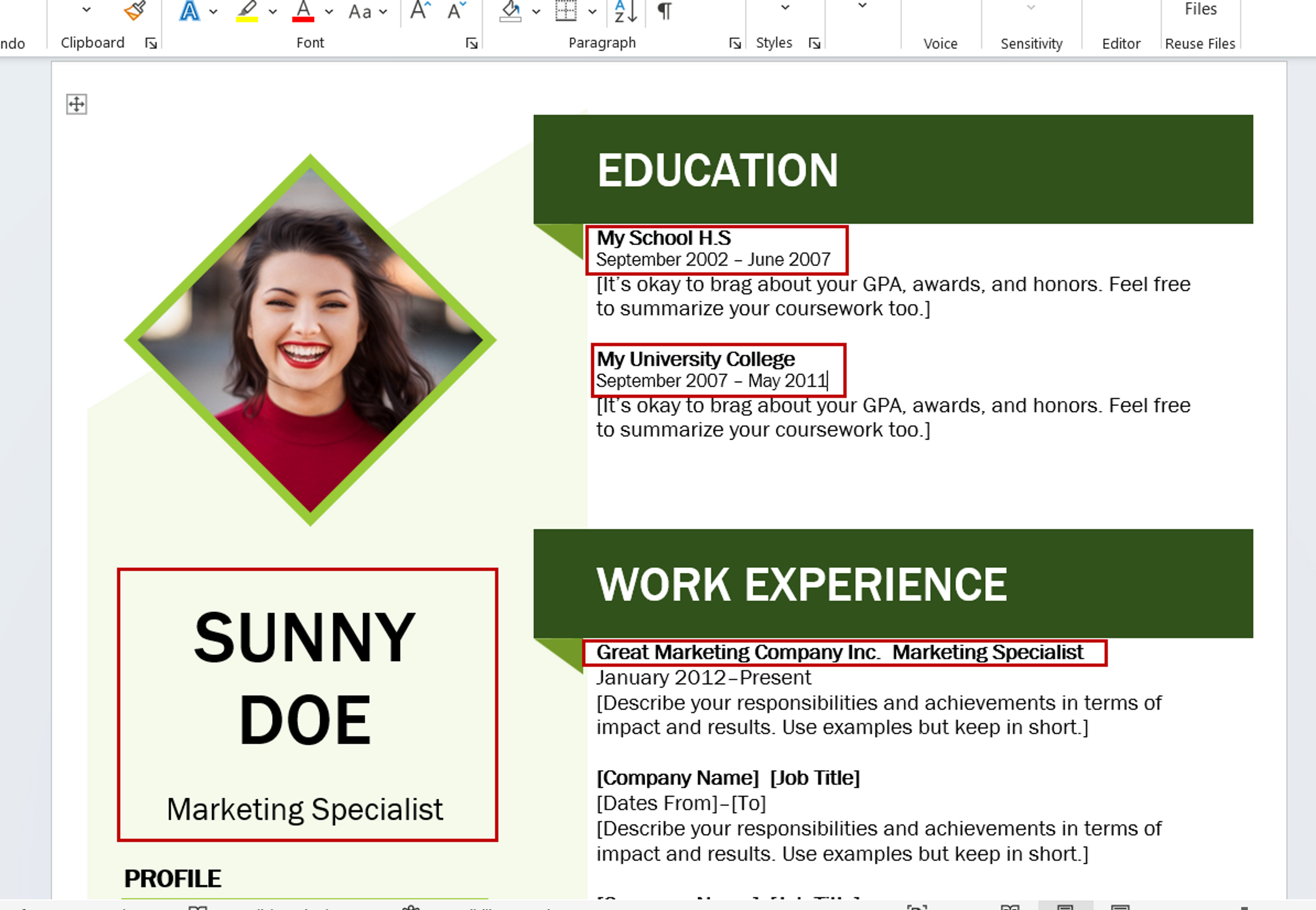 Filling in fields in an MS Word resume template