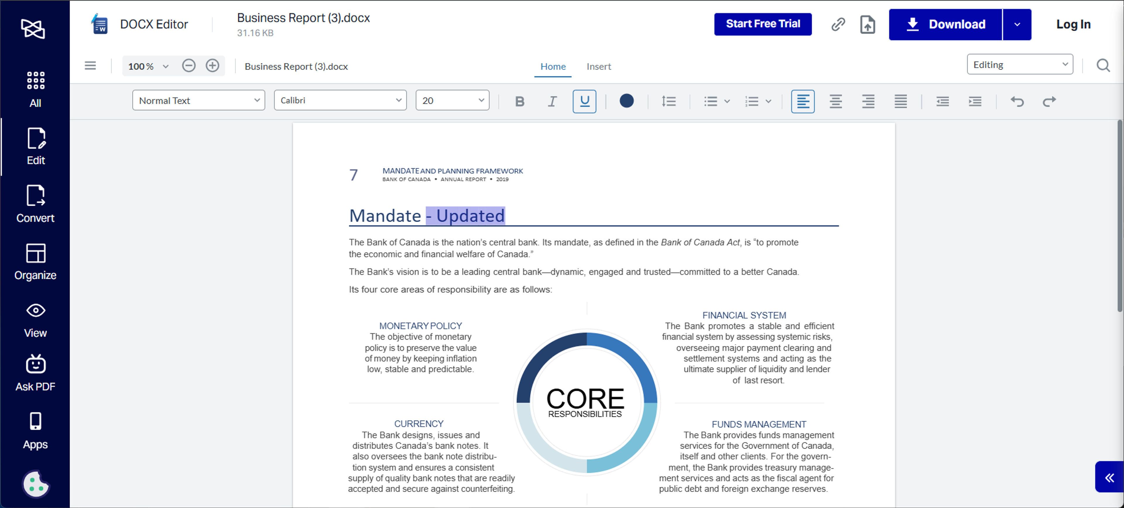 Steps to edit a Word .docx document online using Xodo