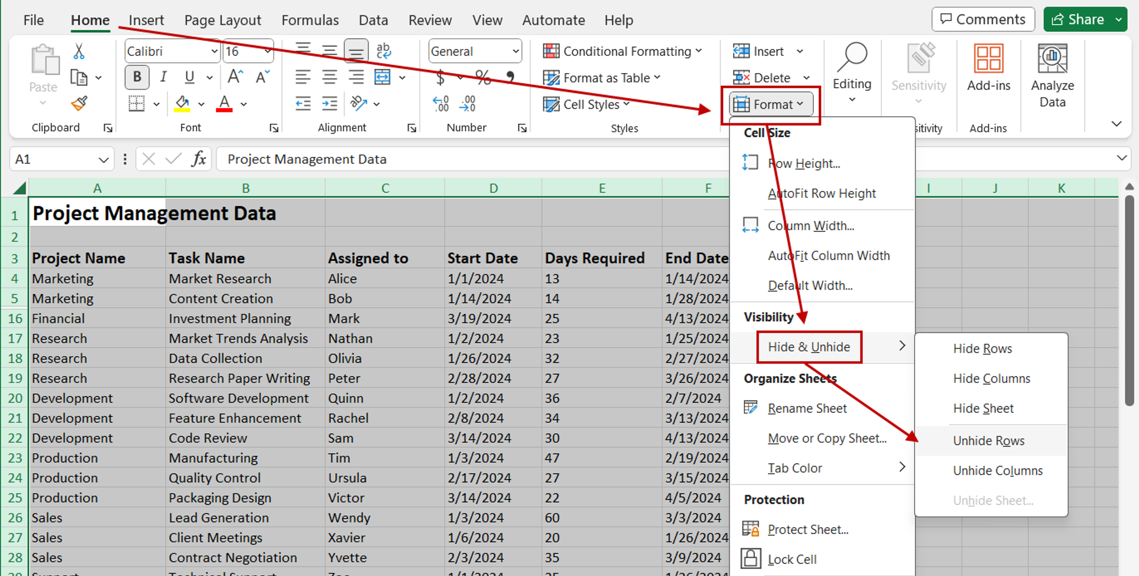 Unhide all rows in Excel   