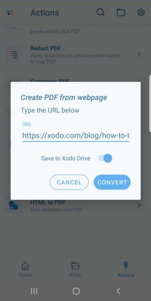  Converting a webpage to PDF with Xodo Android app