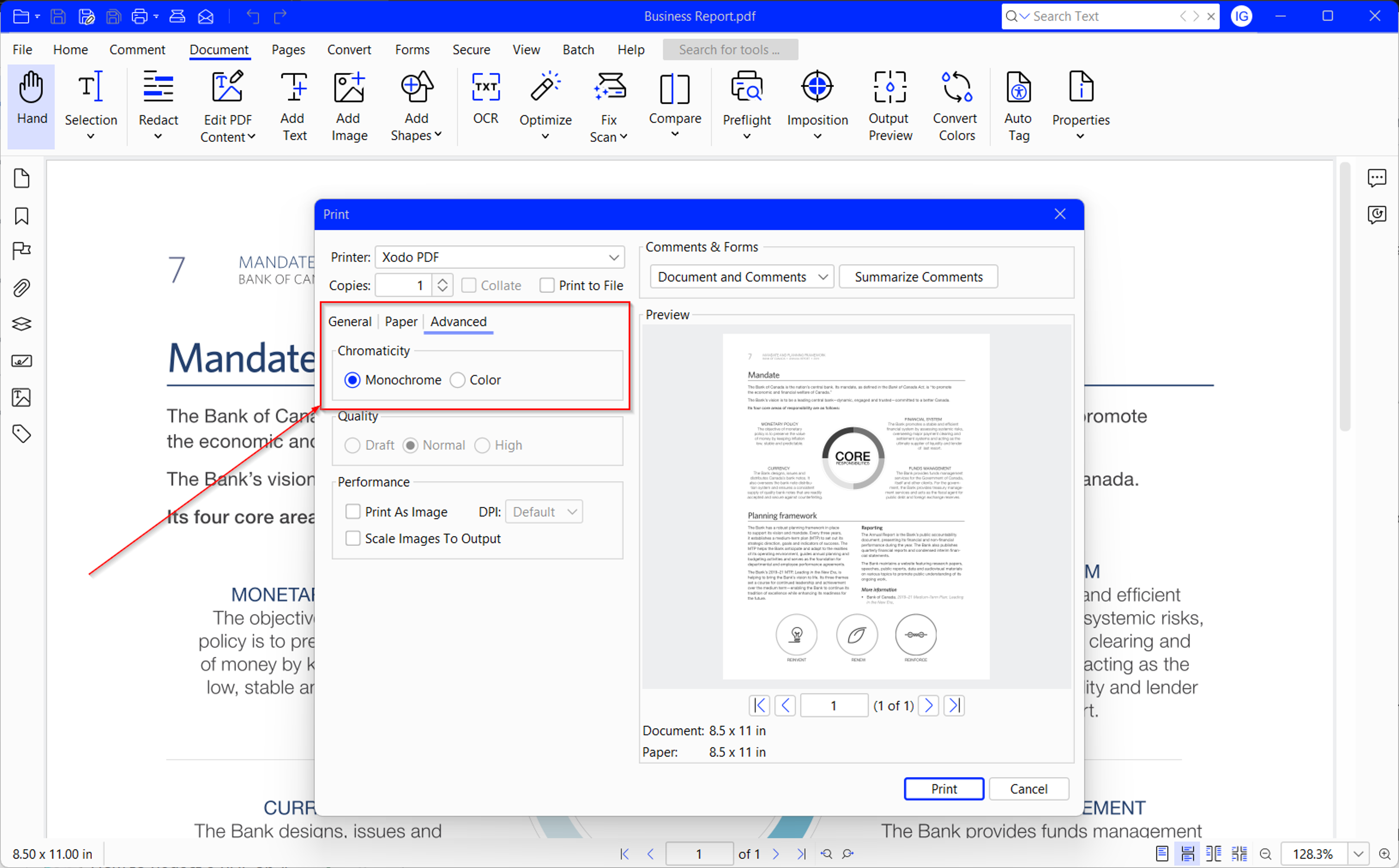 Steps to print a PDF black and white using Xodo PDF Studio
