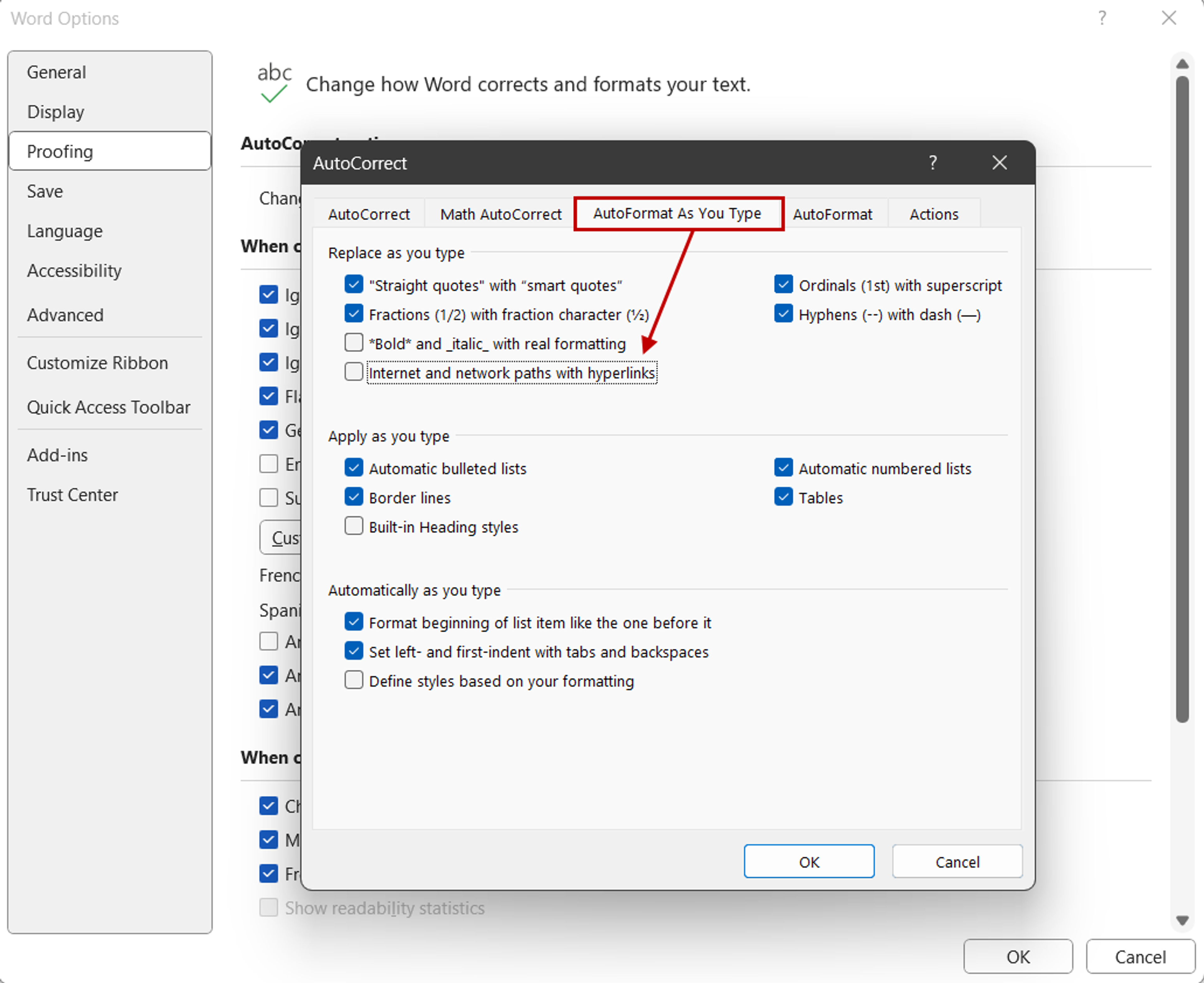 Step-by-step guide on disabling automatic hyperlink creation in Word