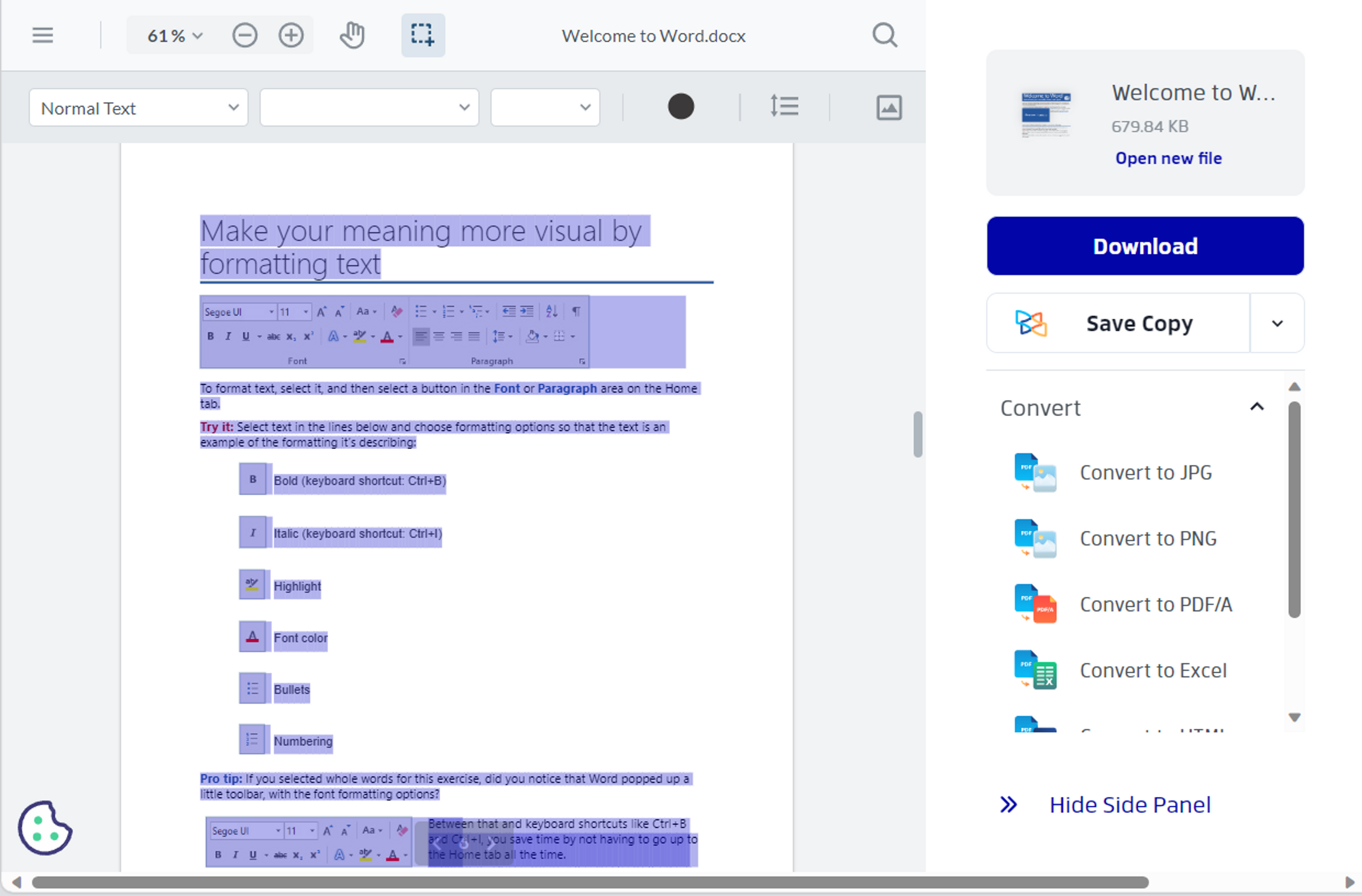 Select text to remove page in Word using an online editor