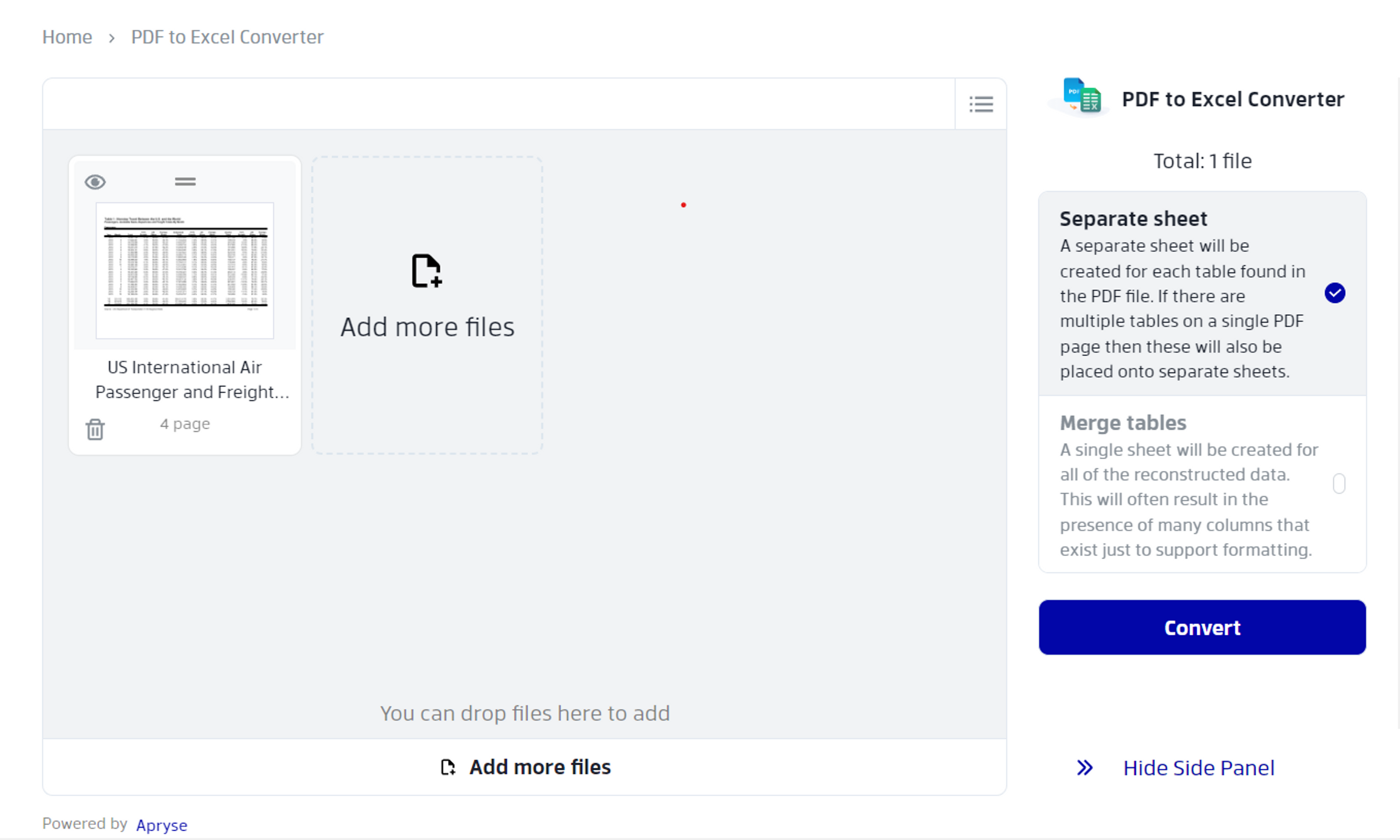 Xodo PDF to Excel Online conversion output options