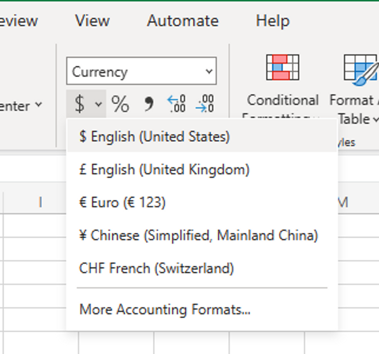 Viewing the currency options in MS Excel