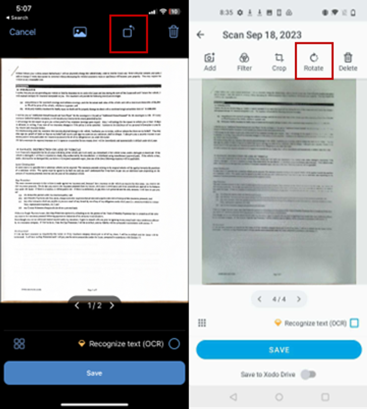 Rotate pages option in Xodo Mobile Scanner App