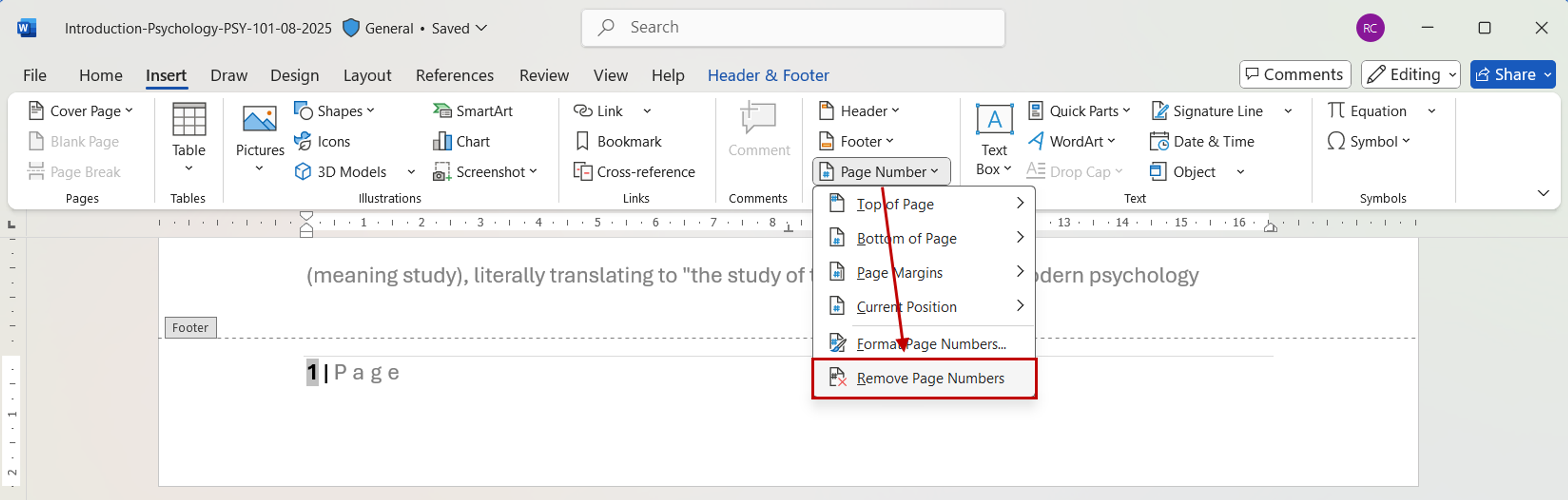 Steps to remove page numbers in Word