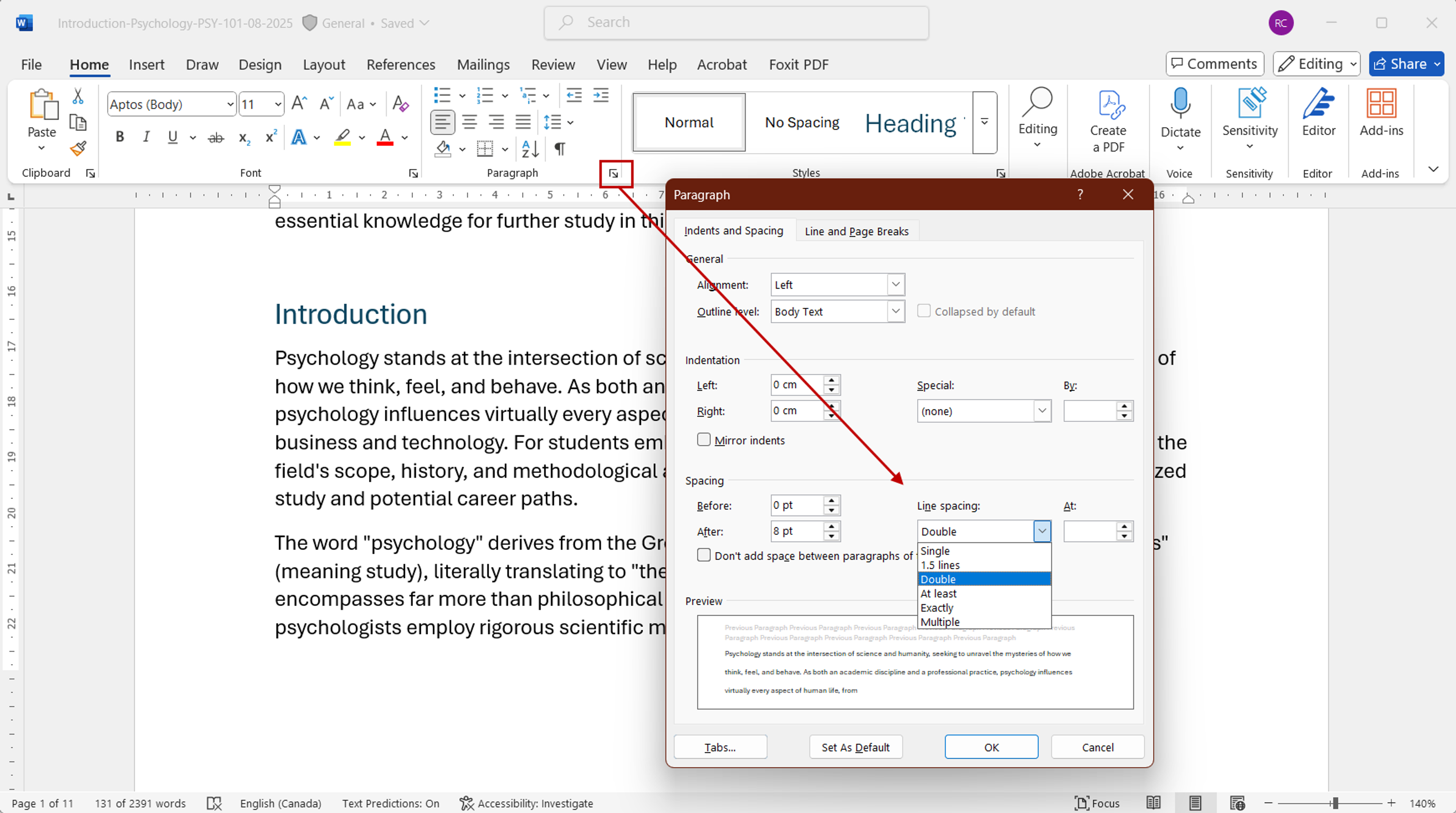 Steps to double space in Word using the paragraph dialog