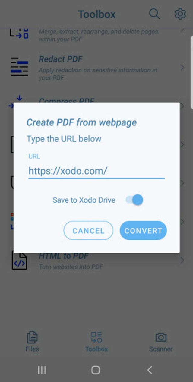 Converting web page to PDF on Android using Xodo