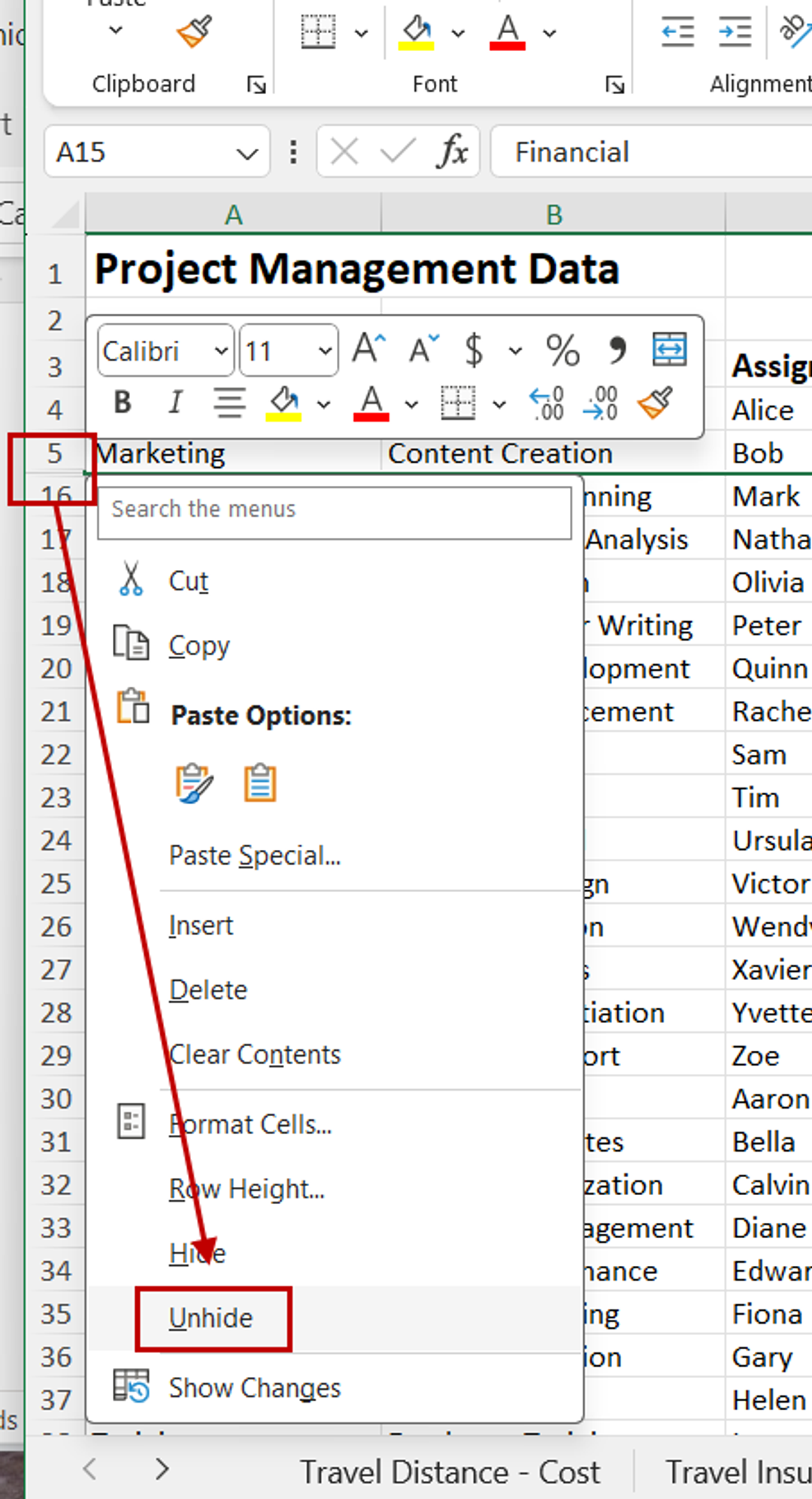 Unhiding rows in Excel 