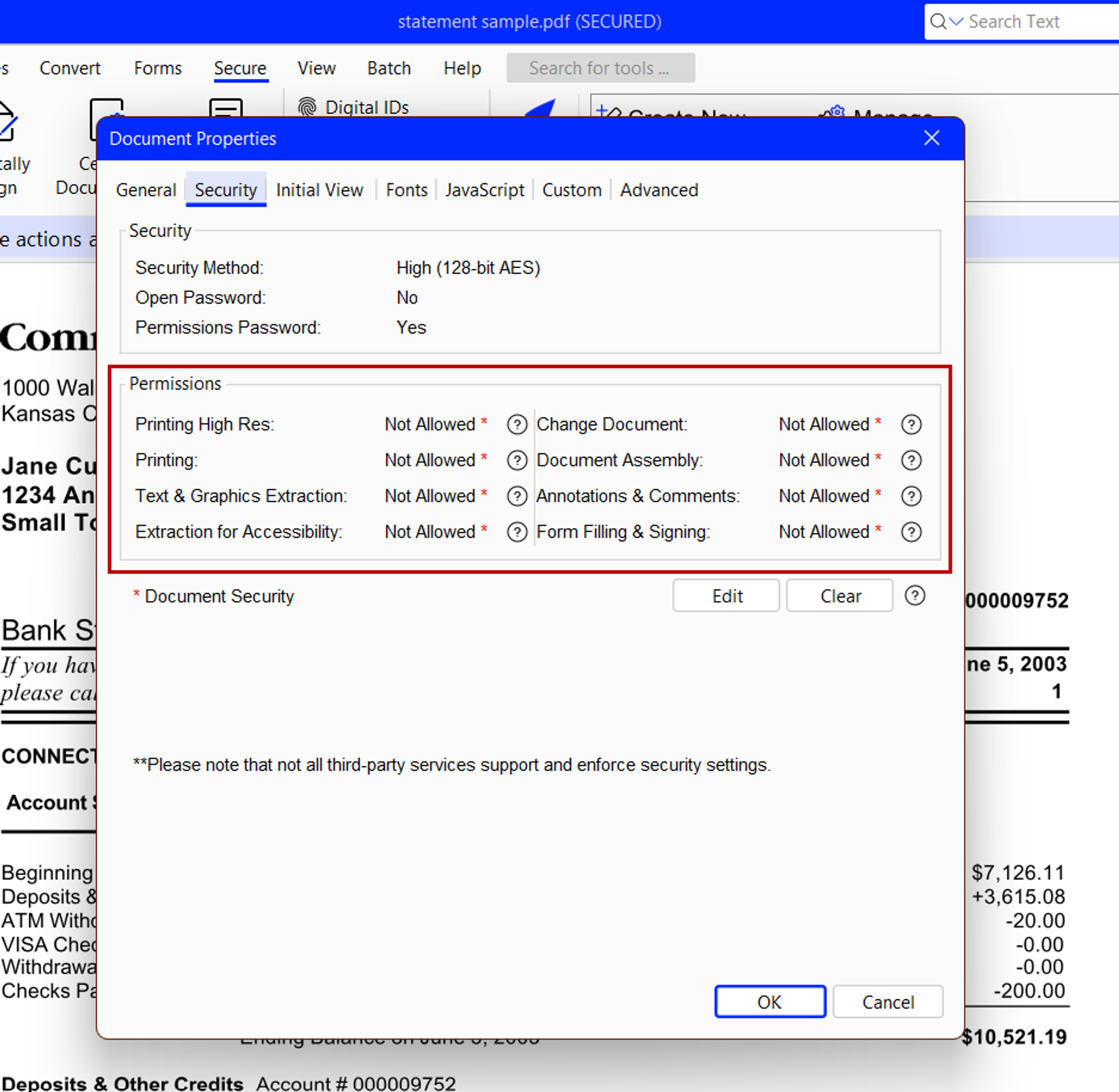Checking PDF file permissions in Xodo PDF Studio