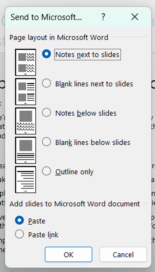 Send to Microsoft dialog options for slide deck handouts 