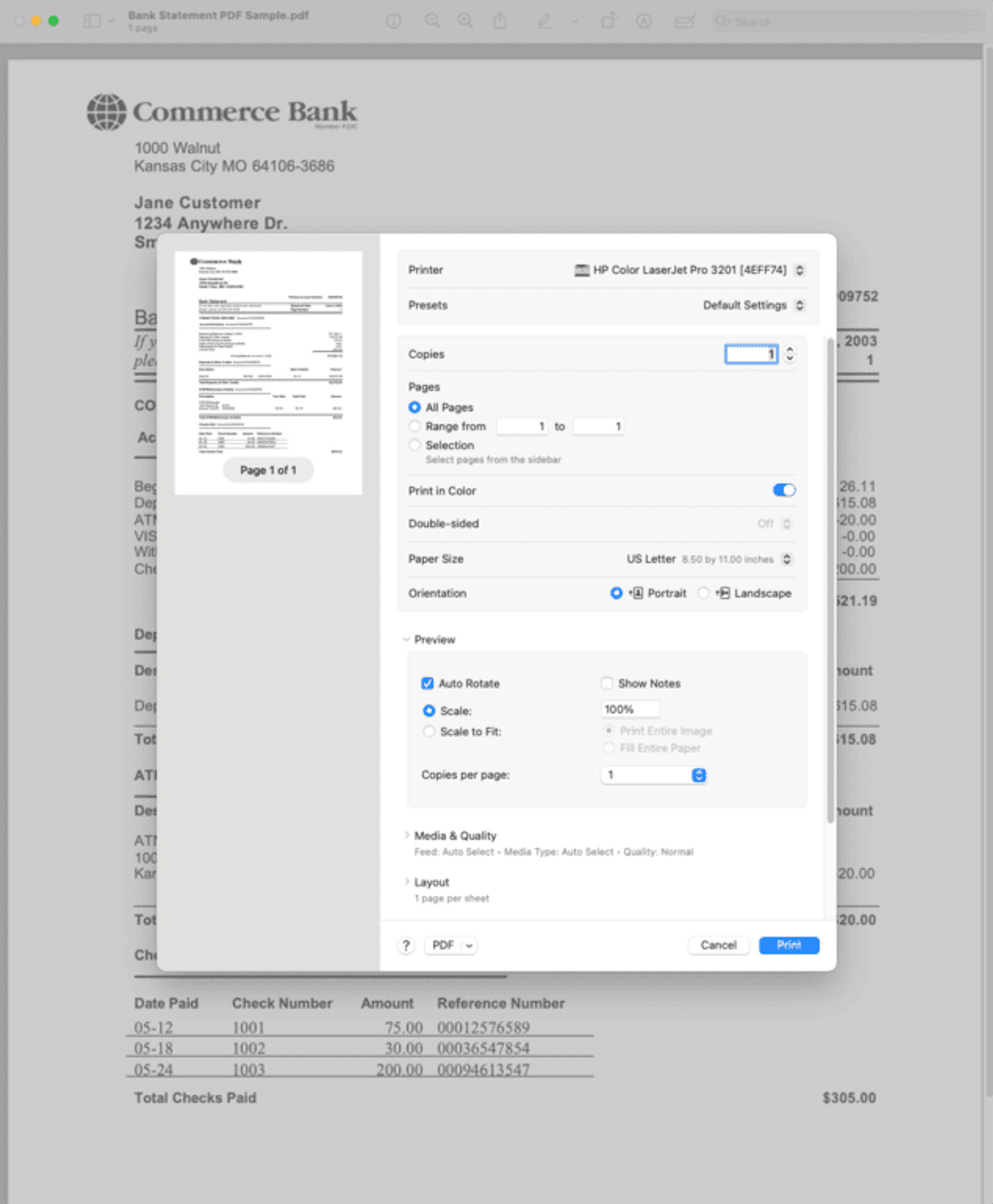 Printing a bank statement PDF using Preview on Mac