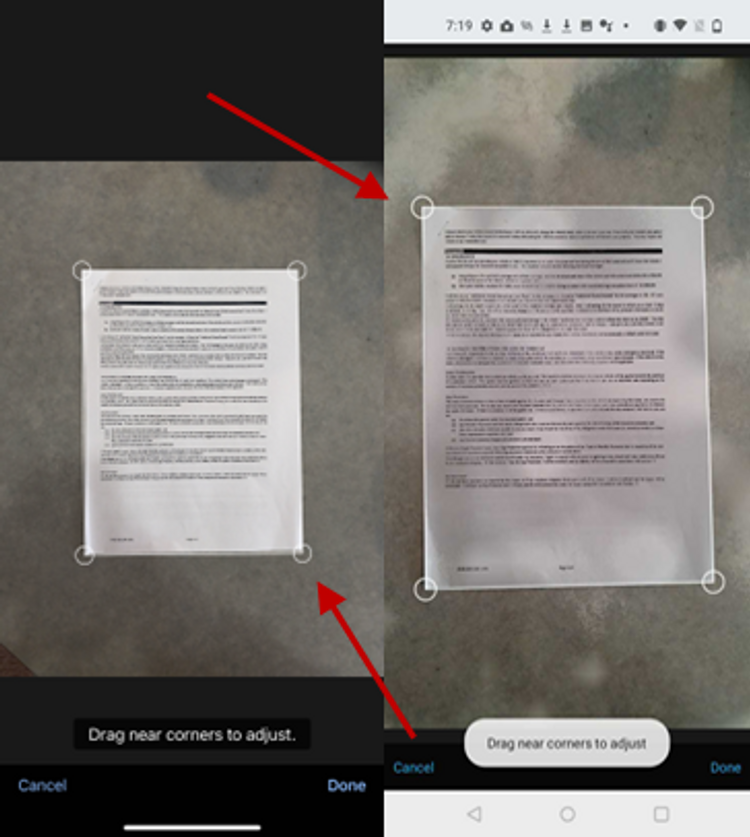 A scanned document being cropped in Xodo Mobile Scanner App