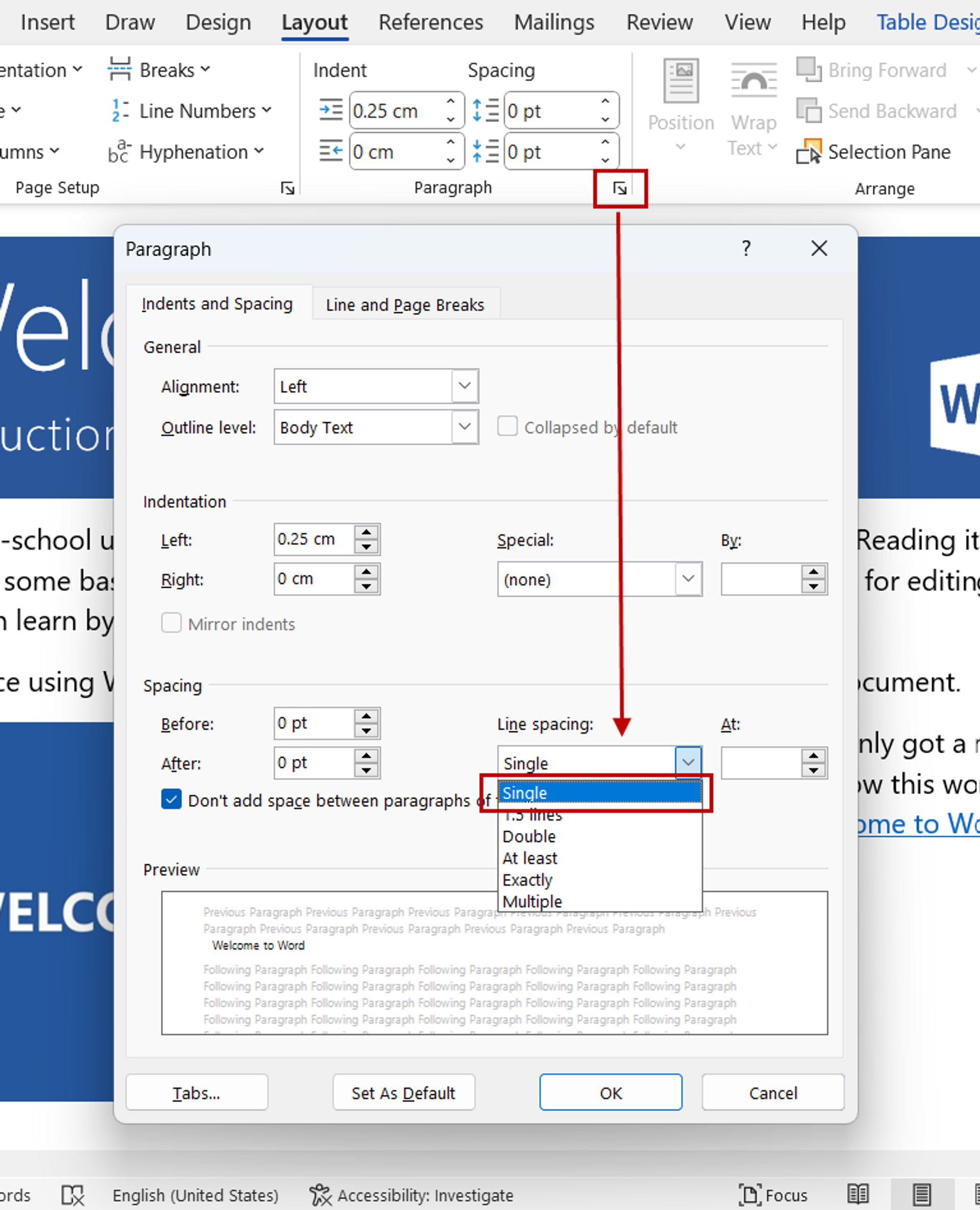 Setting up line spacing options in MS Word 